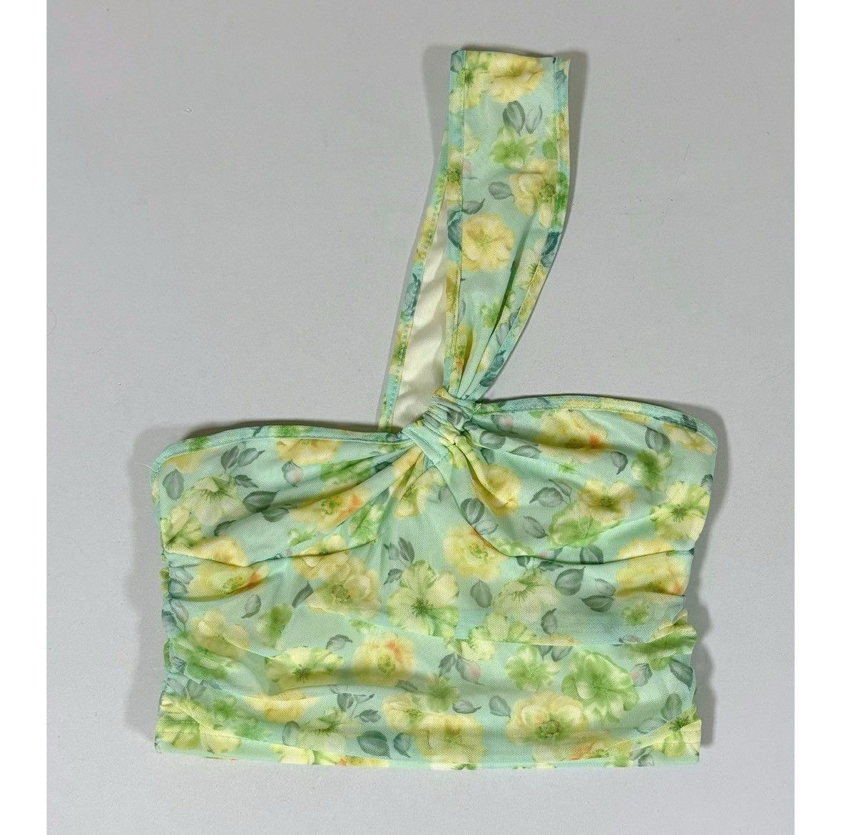 Japanese Brand Green Yellow Floral Mesh One-Shoulder Crop Top Shirt Size S✨ Size S / US 4 / IT 40 - 1 Thumbnail
