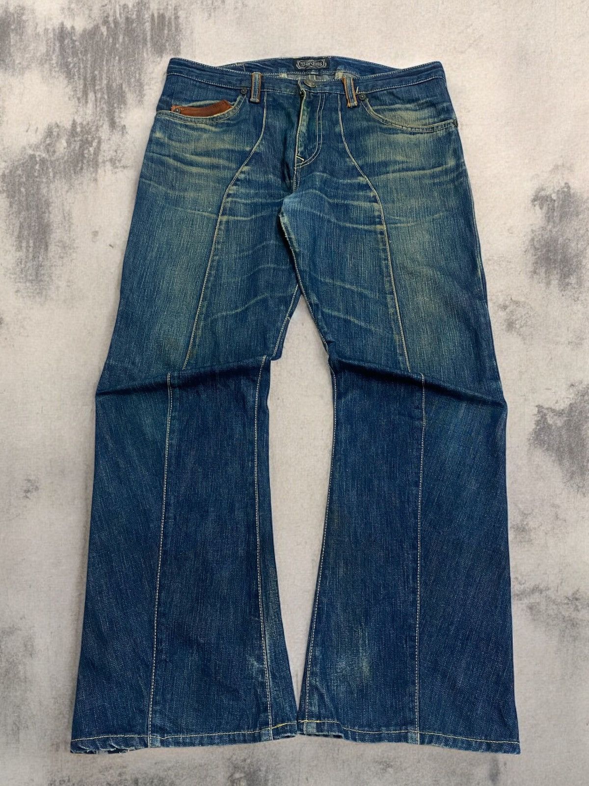 Pre-owned Hysteric Glamour X If Six Was Nine Obelisk Marquis Twist Flare Hybrid Leather Washed Denim In Washed Blue