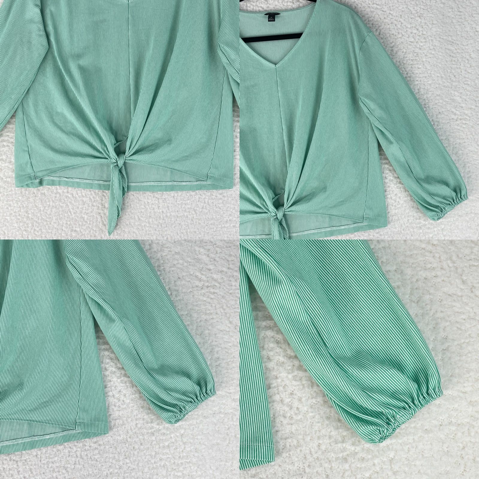Ann Taylor Ann Taylor Petite Green Striped Long Sleeve Shirt Womens Front Tie V-Neck PM Blouse Size M / US 6-8 / IT 42-44 - 8 Thumbnail