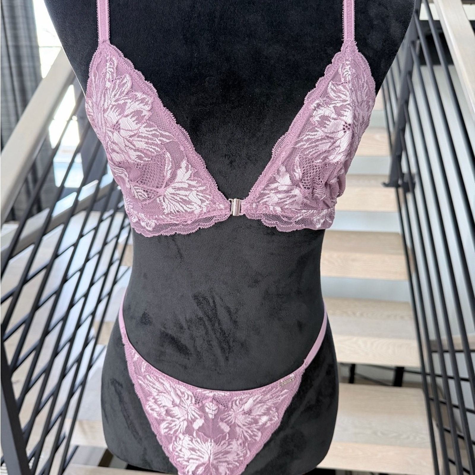 Other Lace Triangle Bralette & Thong Set — Dusty Mauve size S Size ONE SIZE - 4 Thumbnail