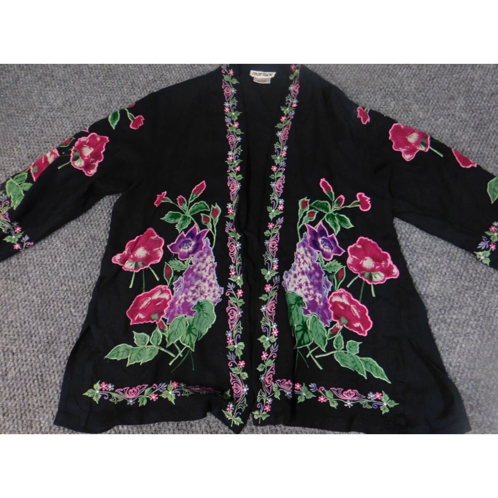 Vintage Marisol Blouse Womens L Black Floral Rayon Open Chest Long Sleeve Collared Casual Basic Regular Shirt Size L / US 10 / IT 46 - 2 Thumbnail