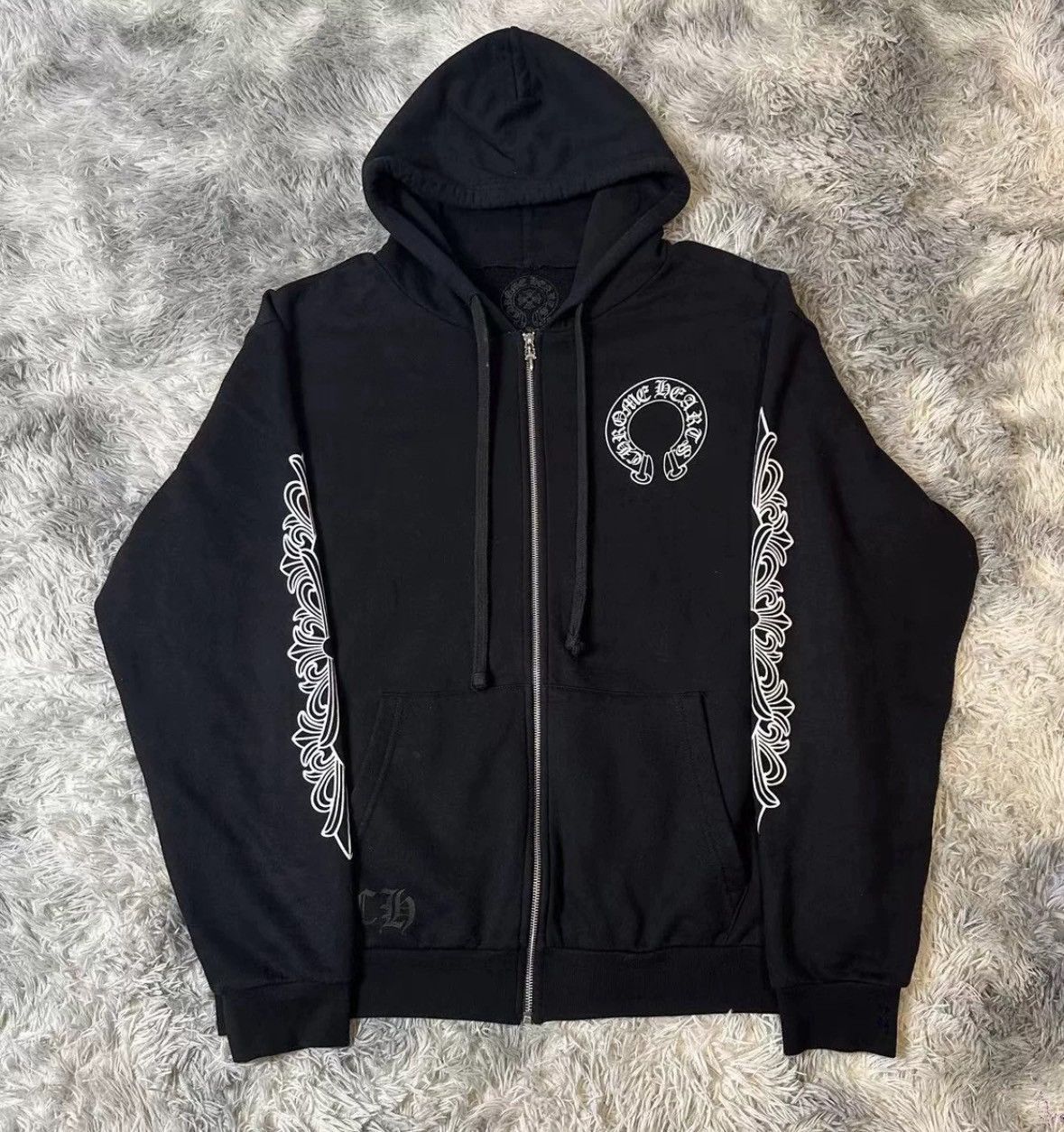 image of Chrome Hearts Floral Horseshoe Zip Up in Black, Men's (Size XL)