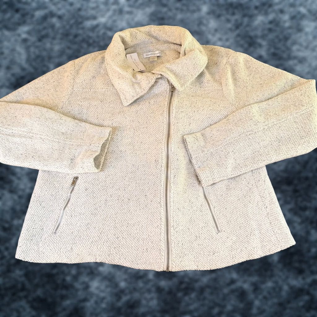 Vintage Christopher & Banks Textured Knit Zip Front Jacket White Womens Large NWT Gray/White Skin? Size L / US 10 / IT 46 - 1 Thumbnail