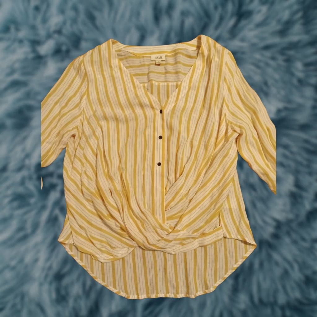 Vintage A.N.A. Blouse Striped Lightweight L Women’s 40" Chest Asymmetrical Waist White Yellow Striped Lifetime Size L / US 10 / IT 46 - 1 Thumbnail