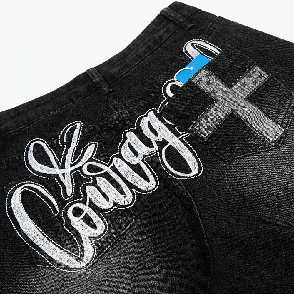 Men's loose hip-hop washed embroidered scimitar jeans