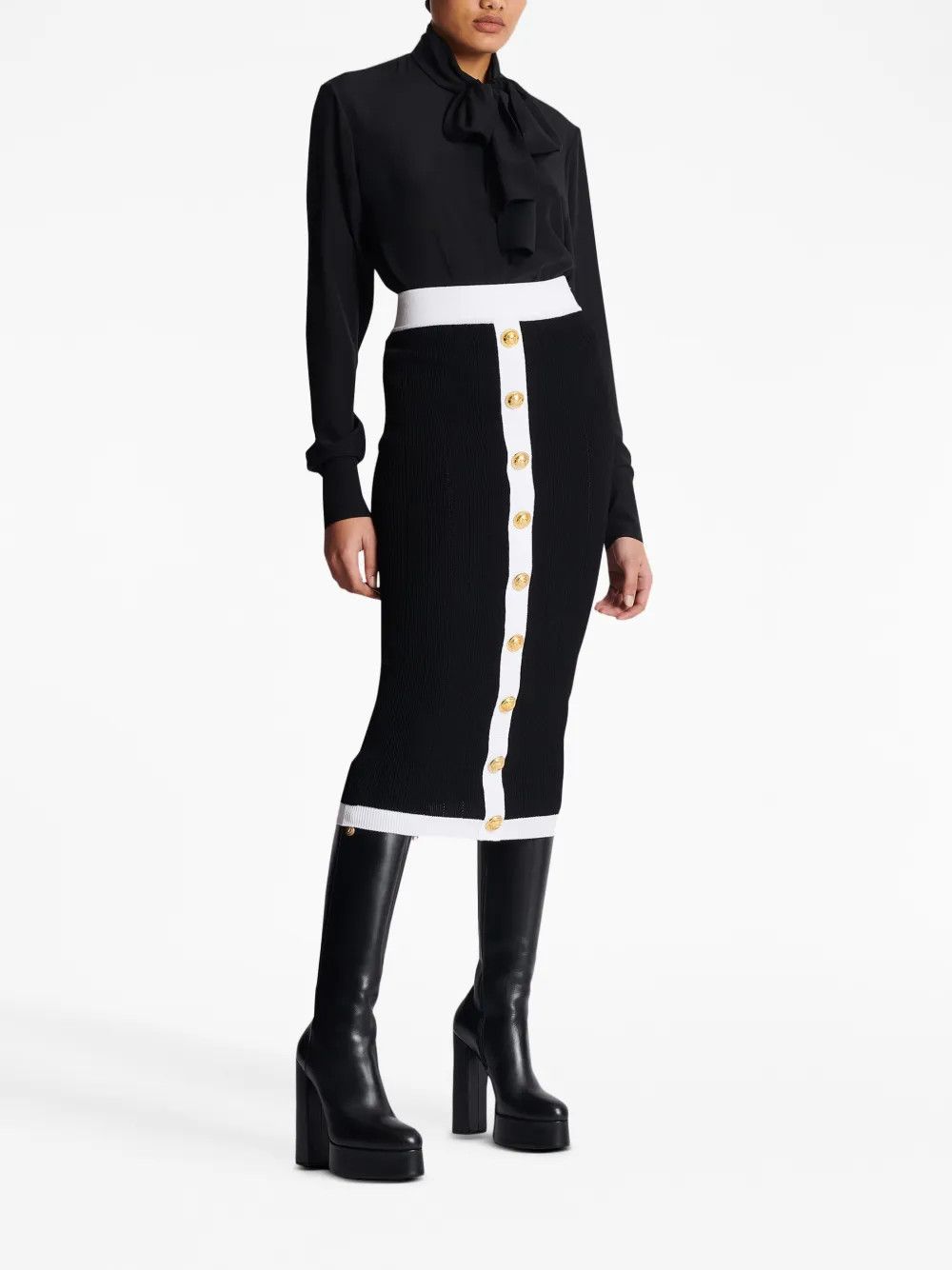 Balmain o1s1wg110825 Buttoned Knit Midi Skirt in Black/White Size 26" / US 2 / IT 38 - 5 Thumbnail