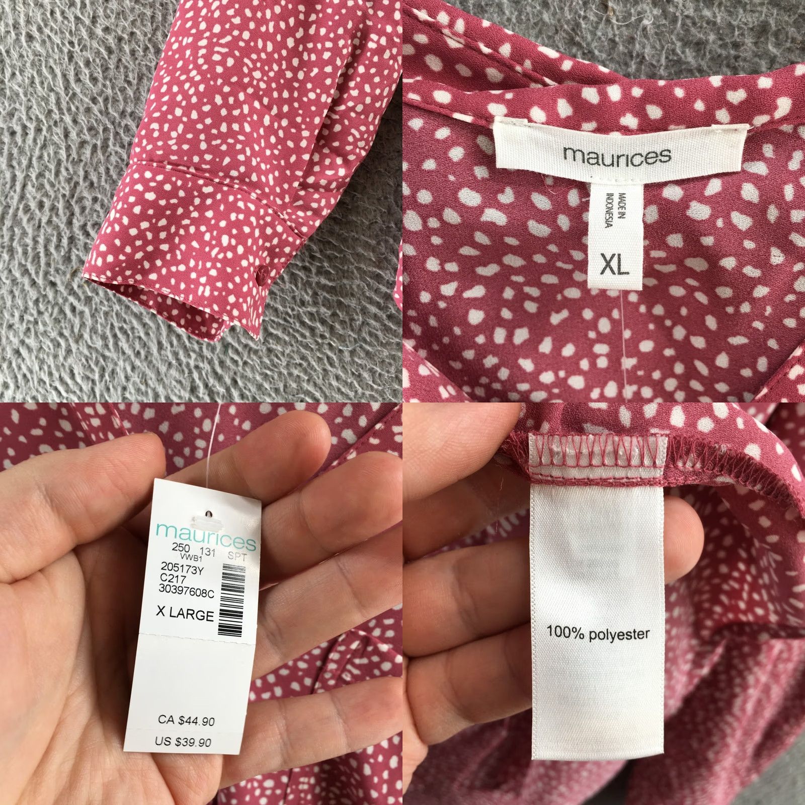 Vintage Maurices Blouse Womens XL Pink Long Sleeve Collared Button Down Polka Dot NEW Size XL / US 12-14 / IT 48-50 - 9 Thumbnail