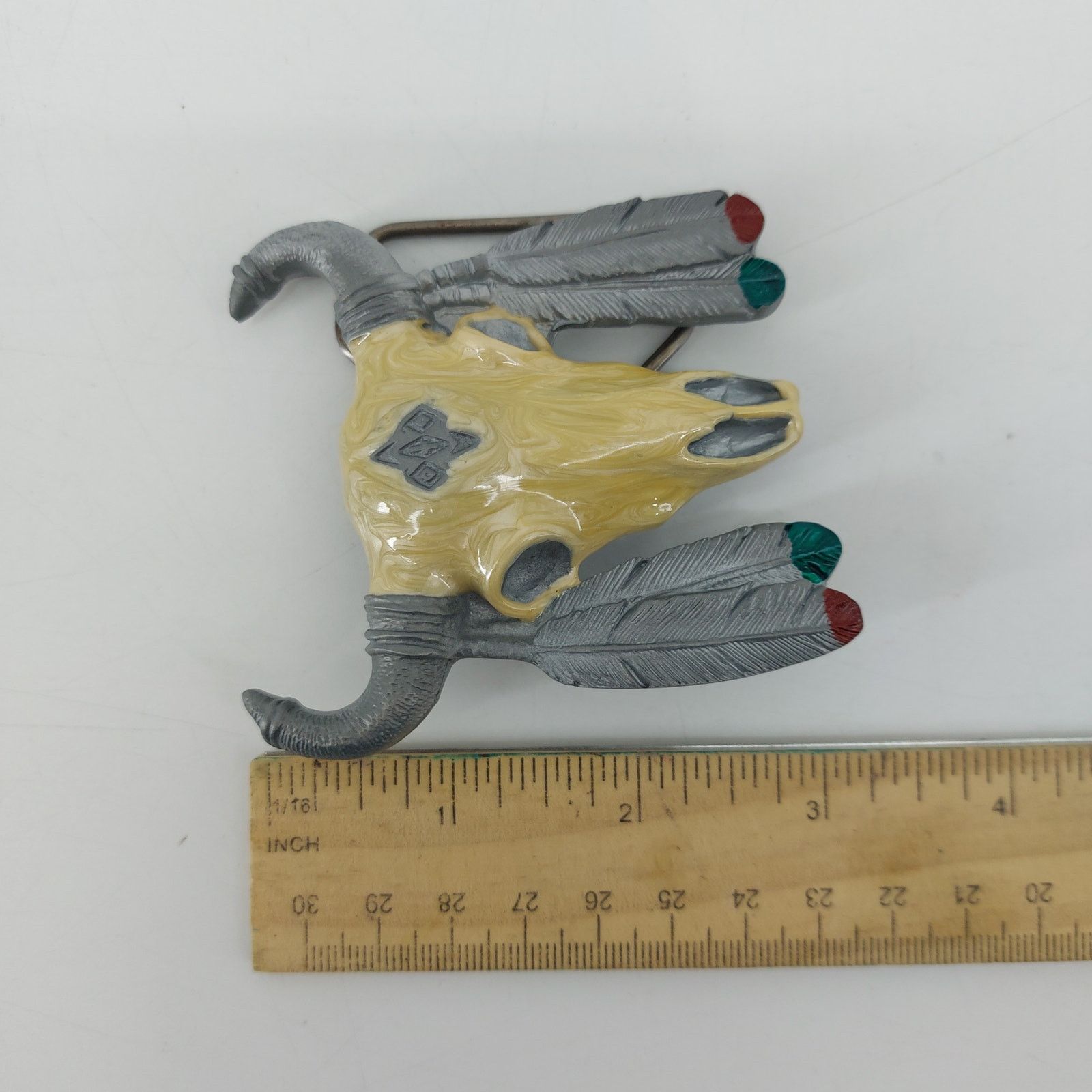 Vintage Western Skull 1992 Belt Buckle Feather Boho Cowboy Festival Size ONE SIZE - 4 Thumbnail