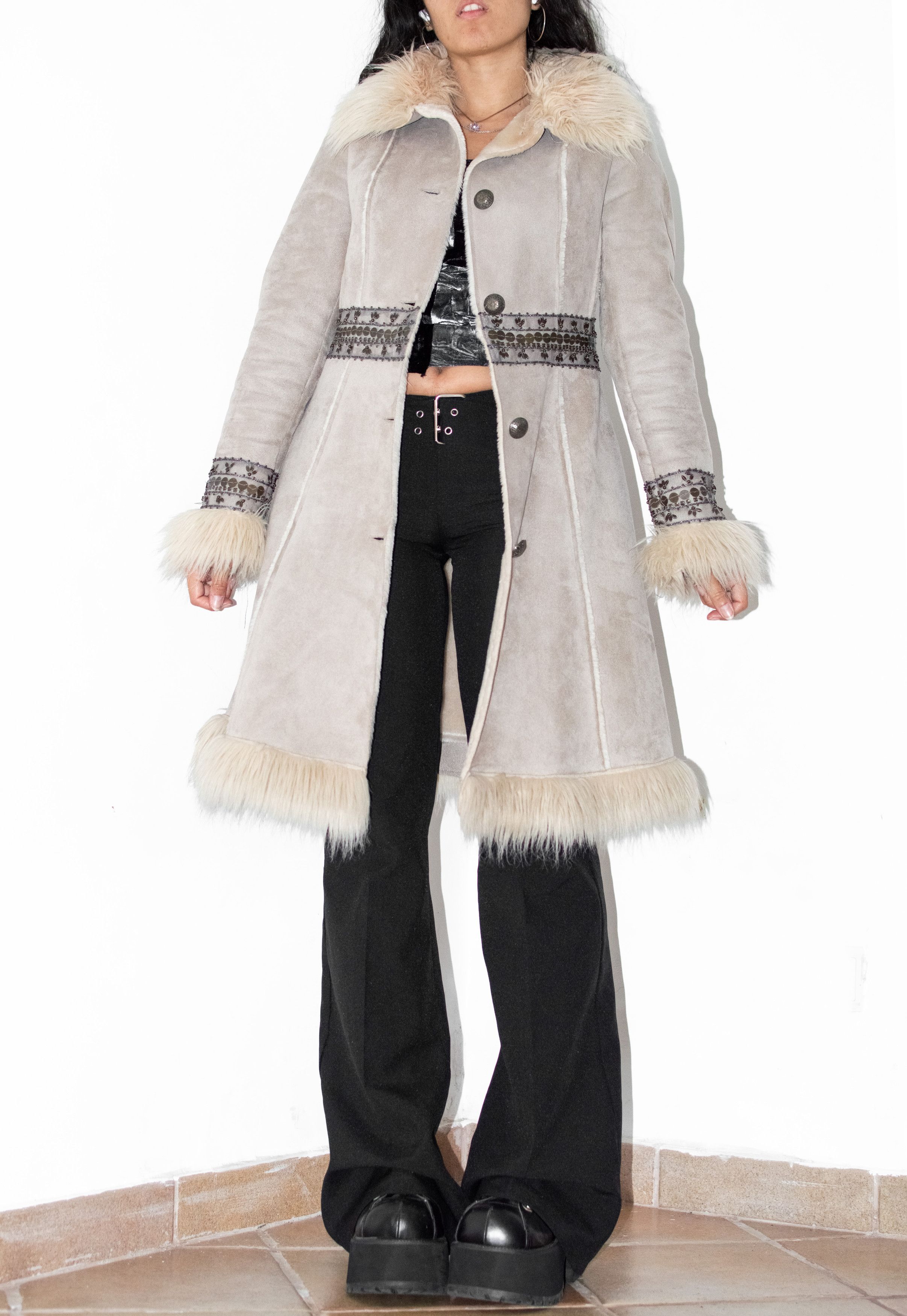 Vintage Y2k Beige Embroidery Faux Fur Penny Lane Coat Size S / US 4 / IT 40 - 1 Thumbnail