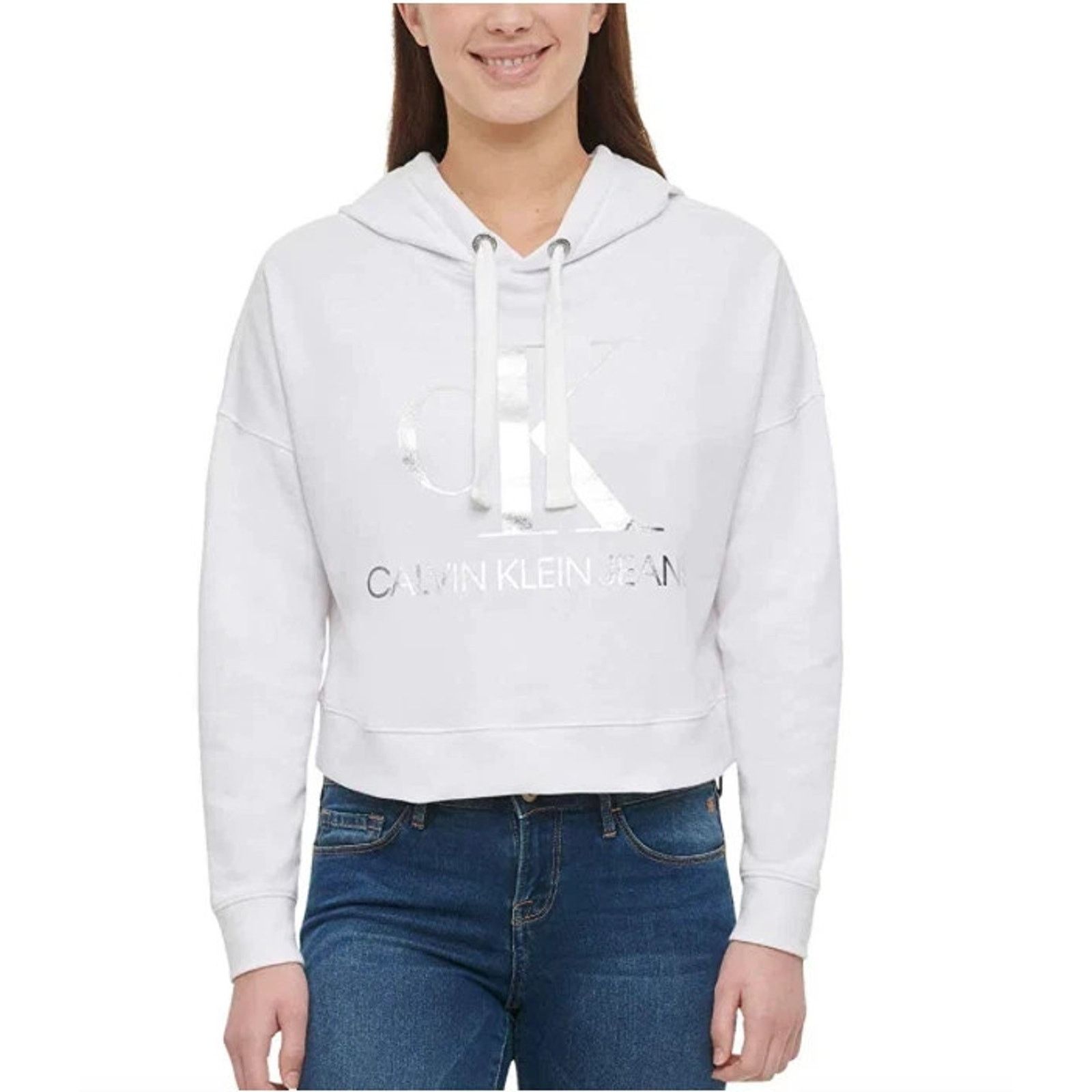 Calvin Klein Calvin Klein Crop Light-Weight Hoodie White Small A001182 Size S / US 4 / IT 40 - 2 Thumbnail