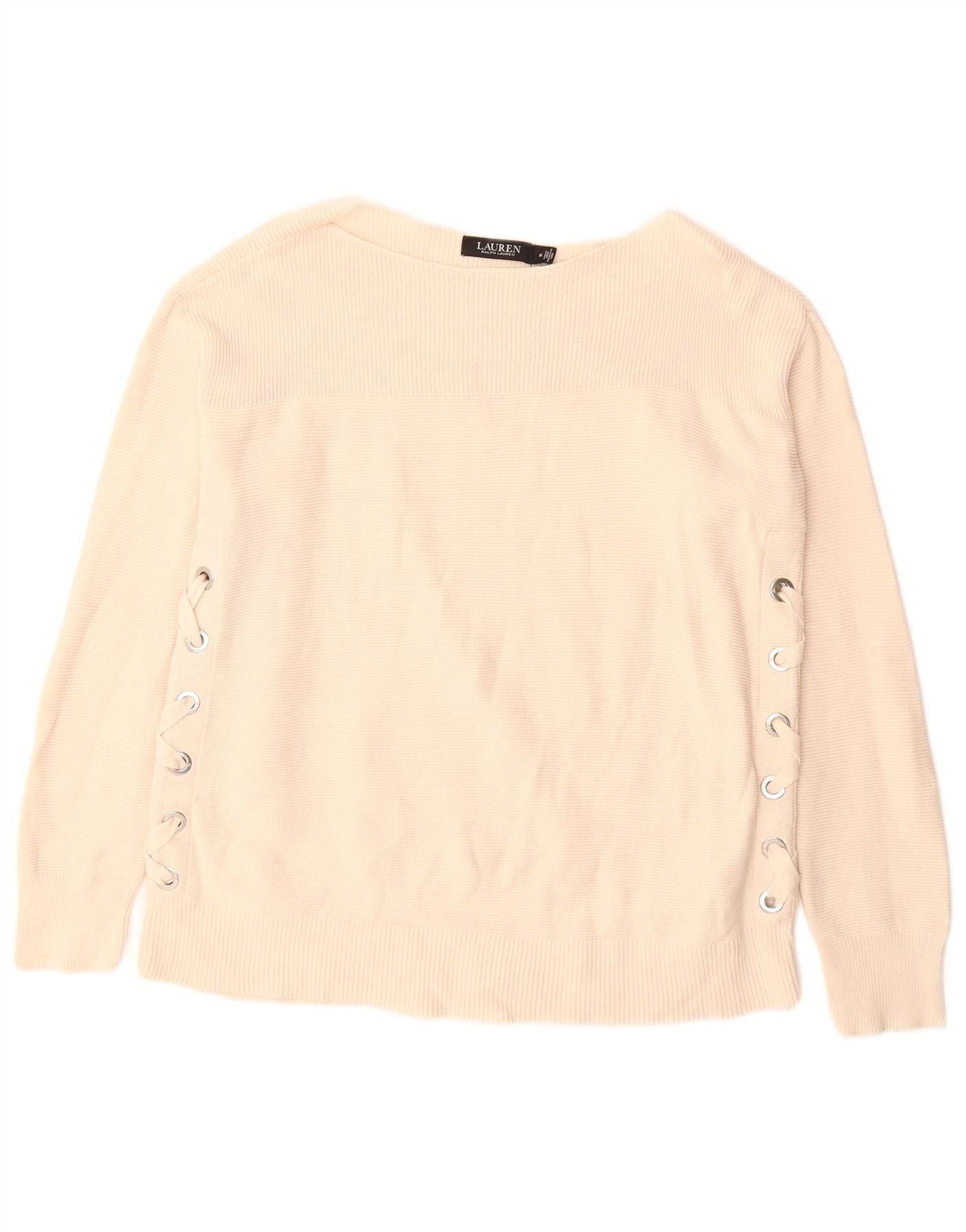 Ralph Lauren Womens Boat Neck Jumper Sweater UK 12 Medium Beige Cotton Size M / US 6-8 / IT 42-44 - 1 Thumbnail