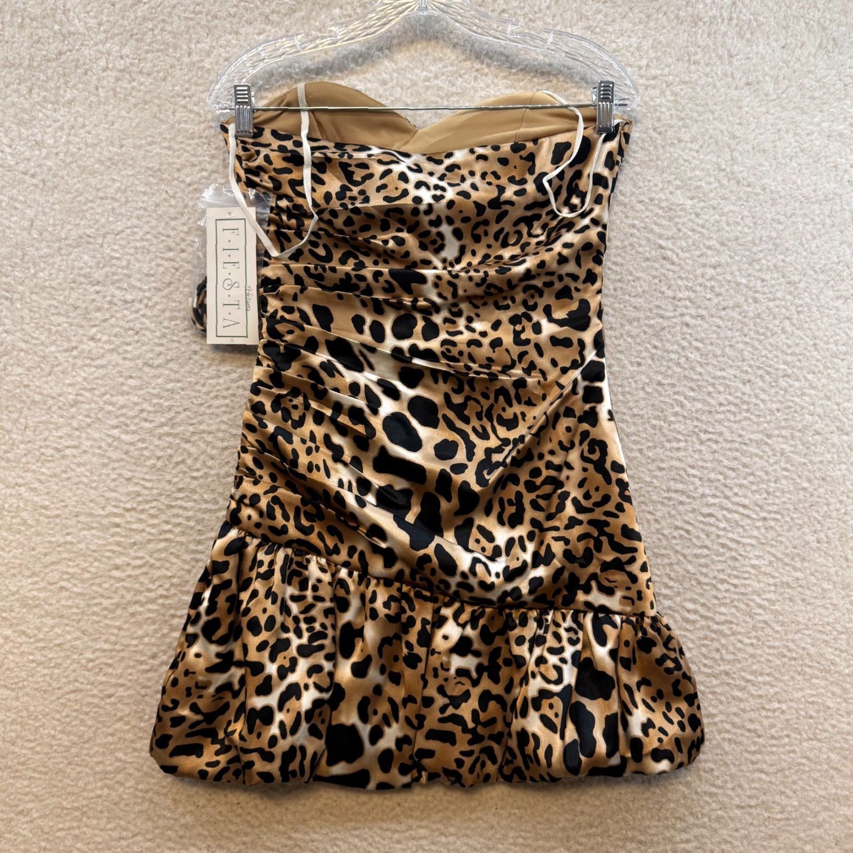 Vintage VINTAGE 90s Y2K Strapless Mini Dress Cheetah Leopard Beige Satin Fiesta S Small Women/Mens? Size S / US 4 / IT 40 - 2 Thumbnail