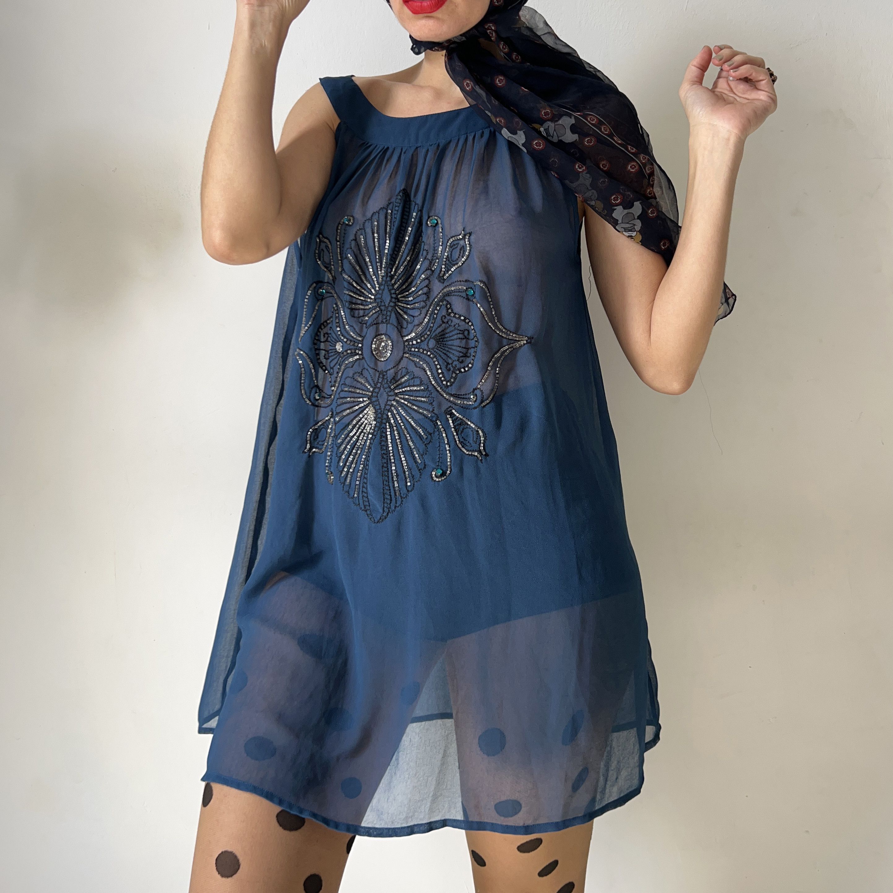 Vintage Y2K Sheer Teal Blue Beaded Mini Dress Size M / US 6-8 / IT 42-44 - 5 Thumbnail