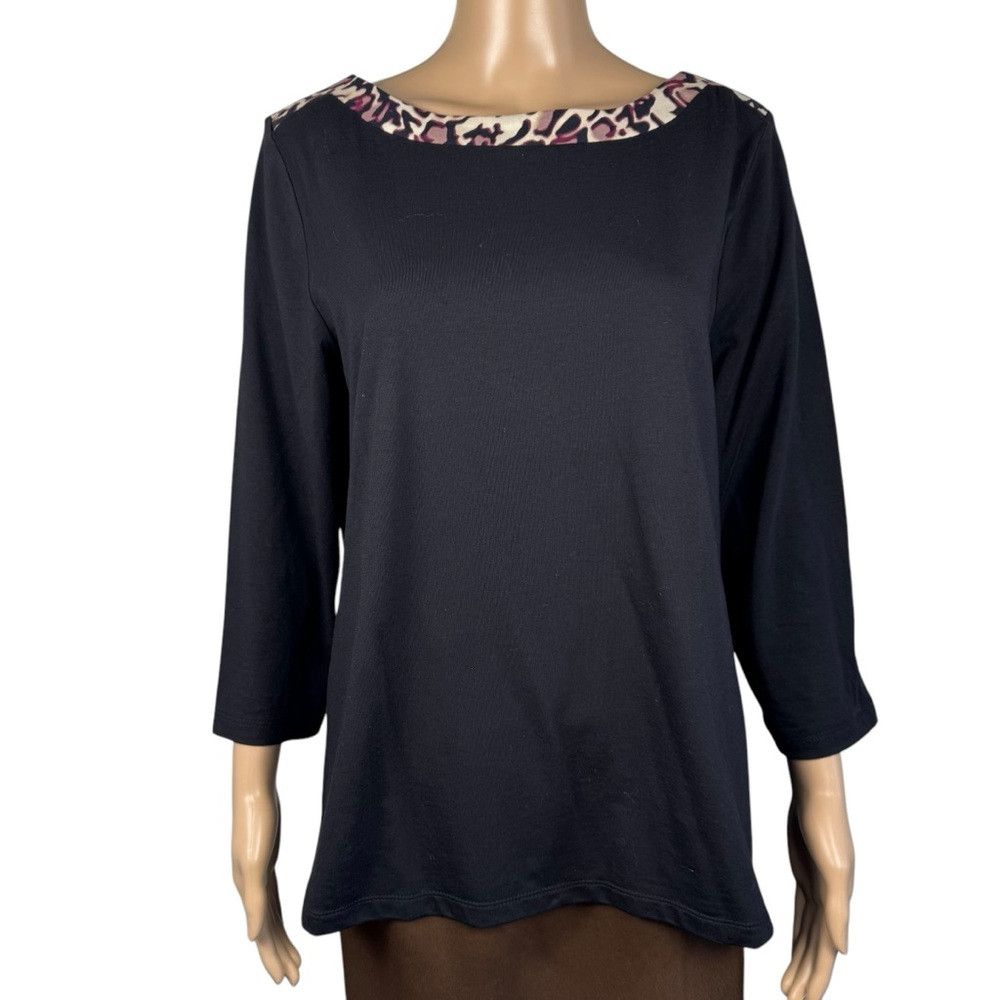 Other Susan Graver Weekend Black Animal Print Trim 3/4 Sleeve Top Size L / US 10 / IT 46 - 1 Thumbnail