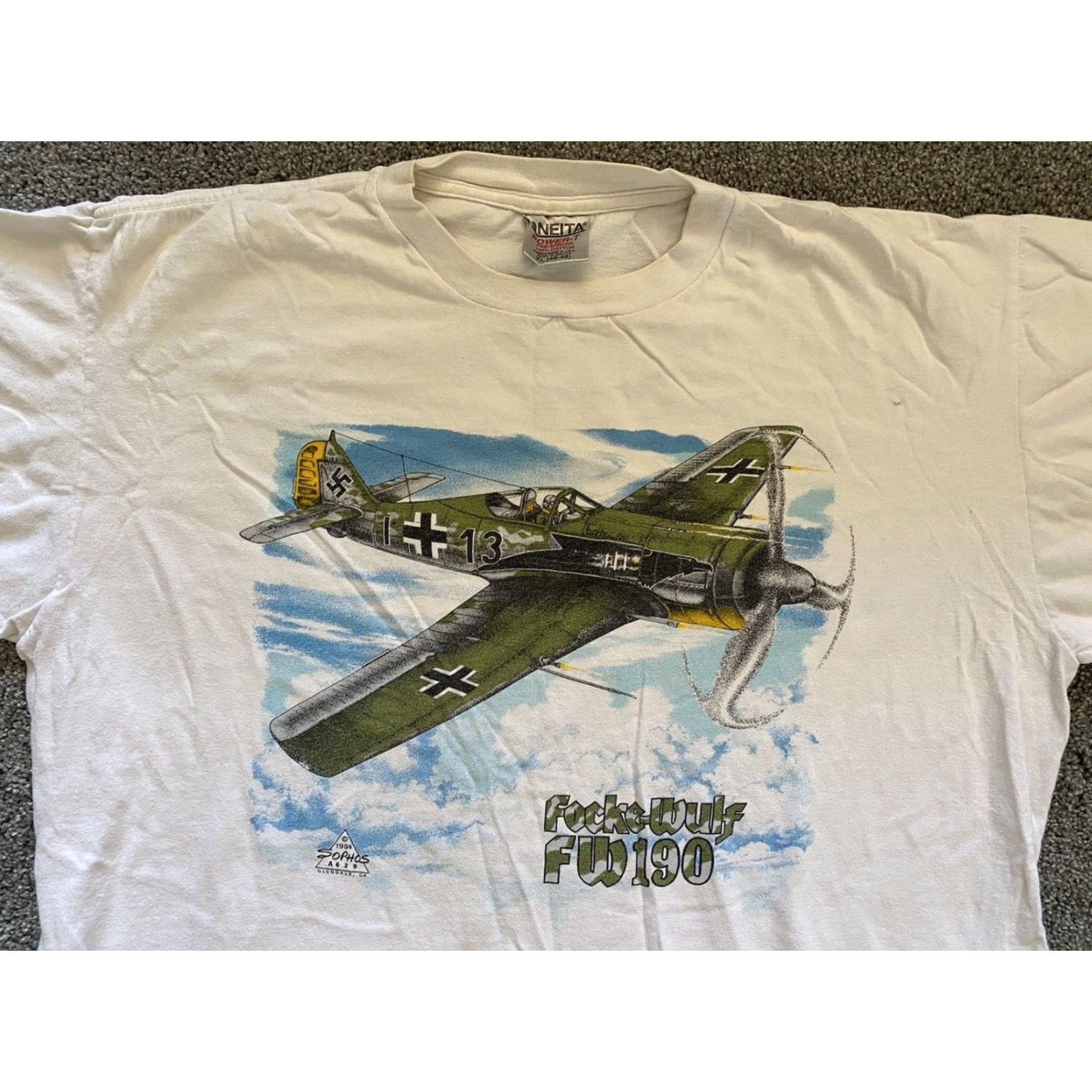 Vintage VINTAGE 1994 Oneita T Shirt XL 46-48 Focke-Wulf FW190 Single Stitch German Plane Mens Shirt White 90s Military Classic Size US XL / EU 56 / 4 - 6 Thumbnail