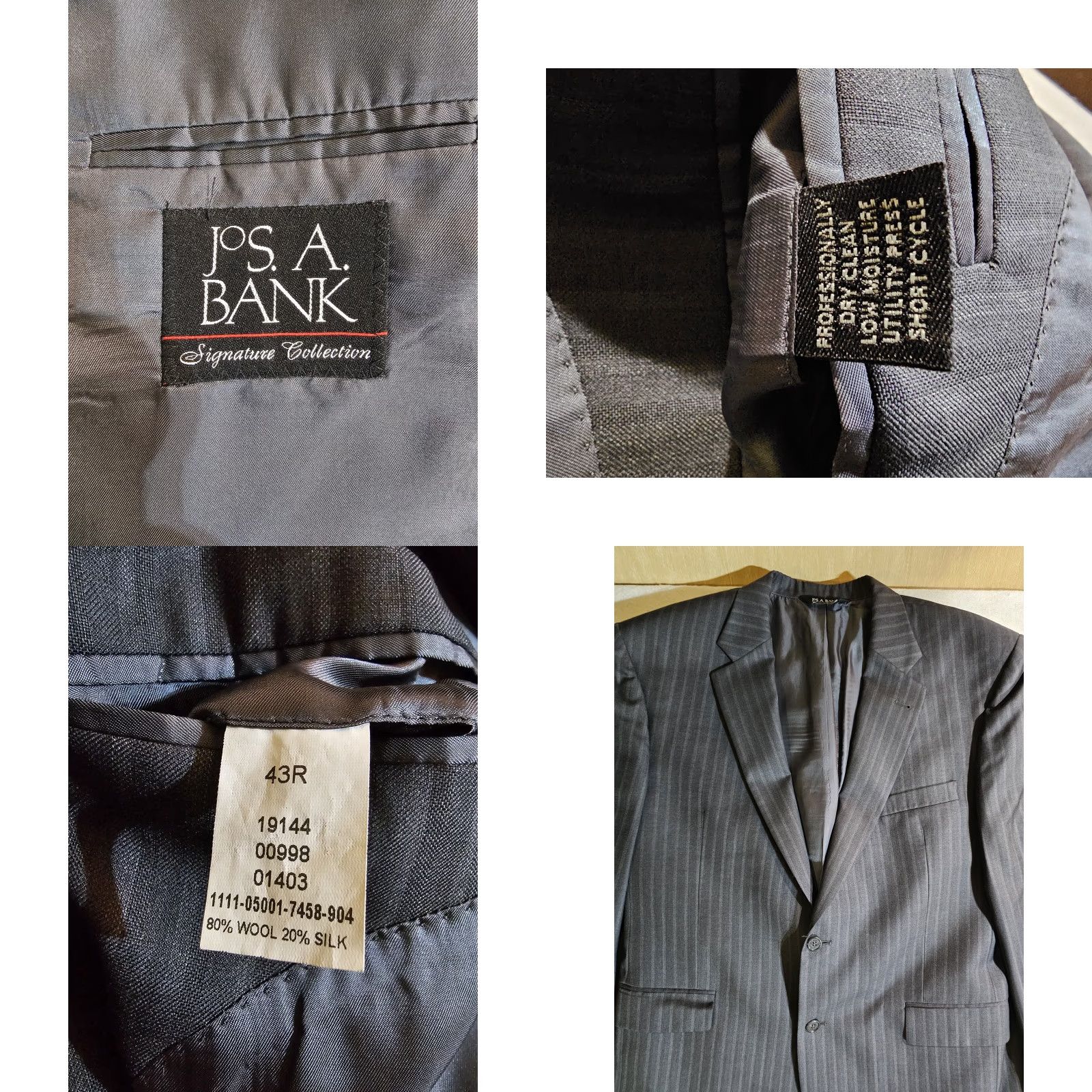 Jos. A. Bank Jos A Bank 2pc Suit Signature Collection Silk Wool Charcoal Striped 43R 34x30 Mens Size 46R - 8 Thumbnail
