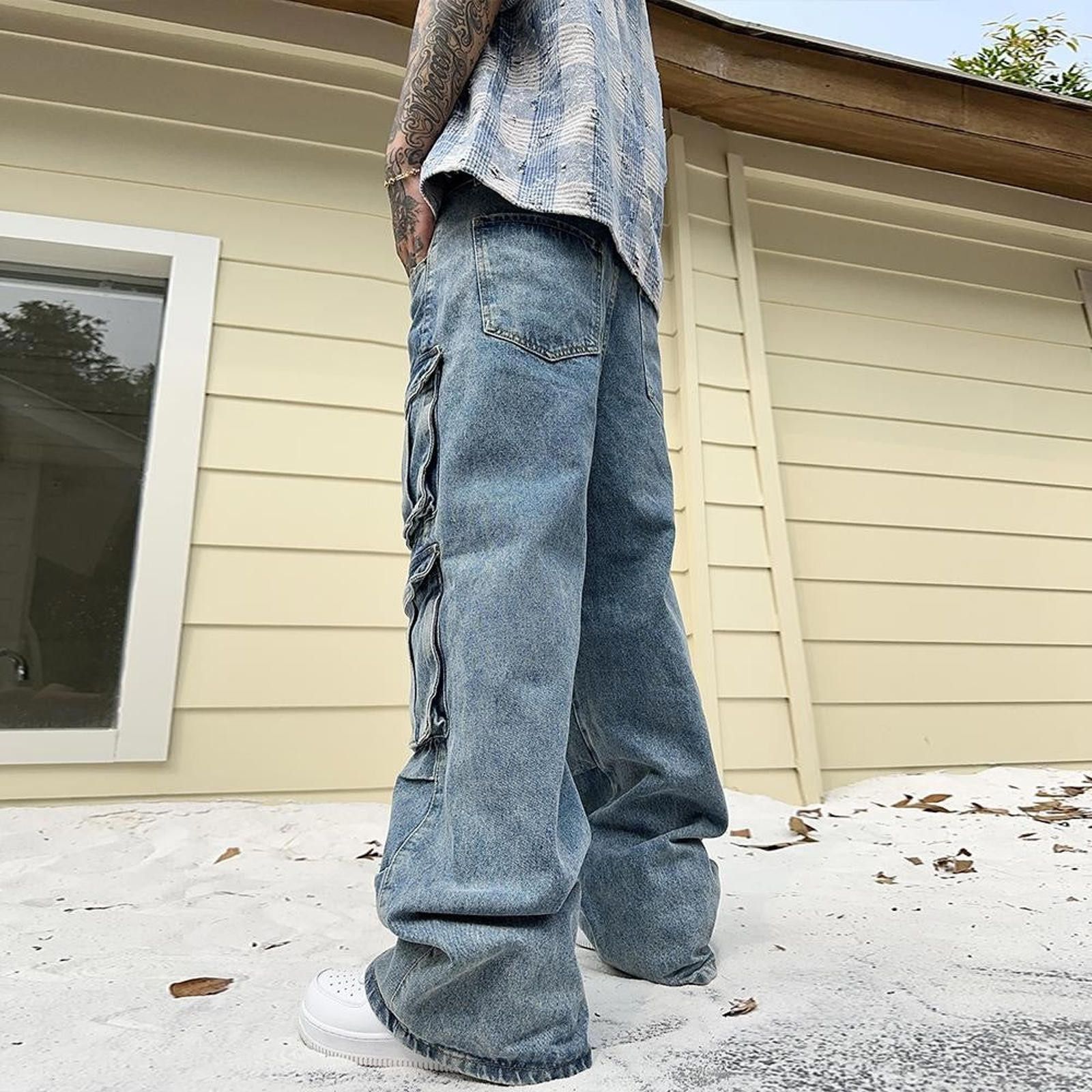Japanese Brand Multi Pocket Cargo Stacked Flared Jeans Size US 32 / EU 48 - 3 Thumbnail