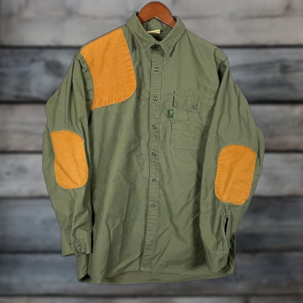 IDEA VINTAGE Ideal Shooting Shirt Men XL Green Brown Twill Canvas Shoulder Elbow Patches 80s USA Mens Size US XL / EU 56 / 4 - 1 Thumbnail