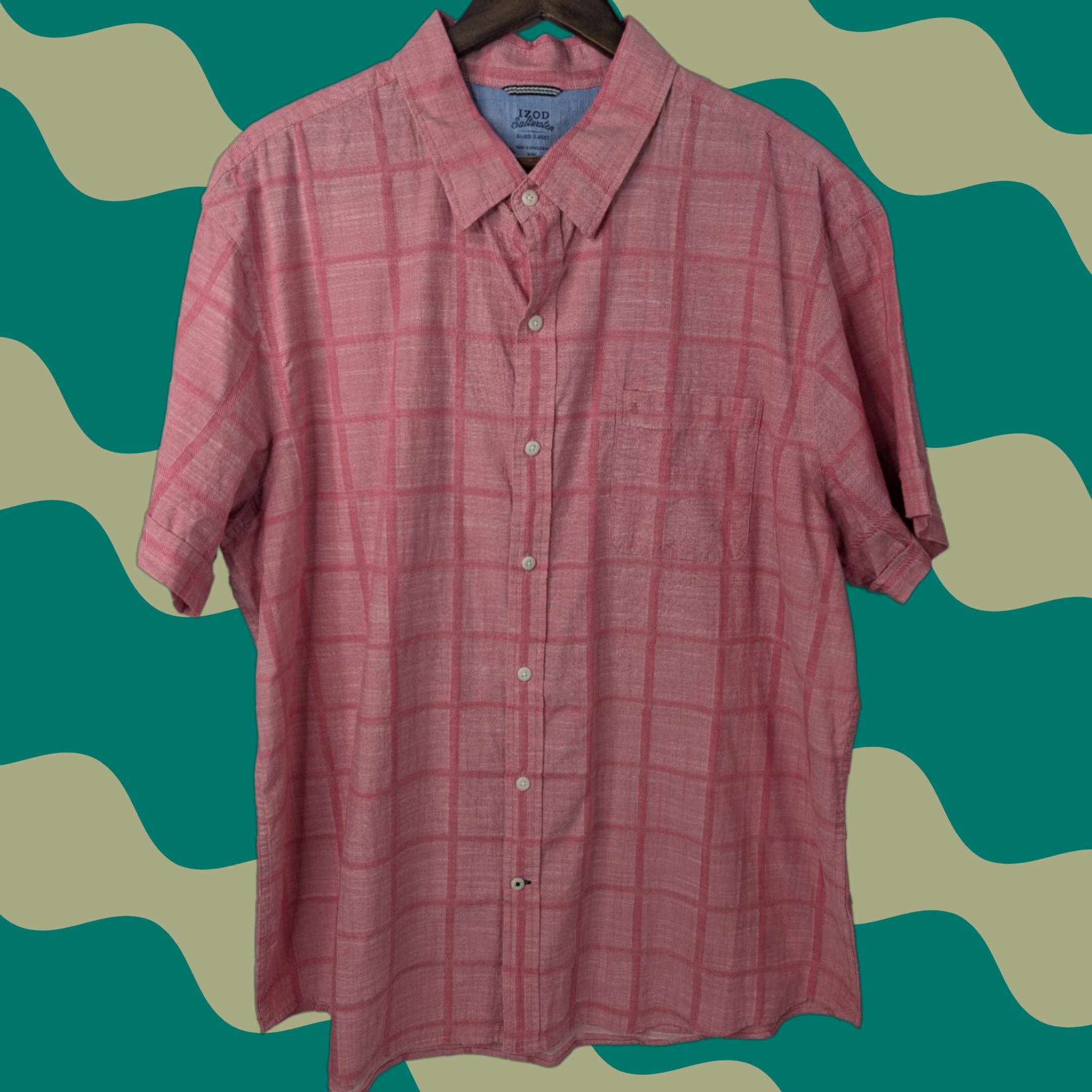 Izod Izod Saltwater Mens 2XL Pink Plaid Short Sleeve Button Relaxed Shirt Casual Beach Vacations Mens clothing Size US XXL / EU 58 / 5 - 1 Thumbnail