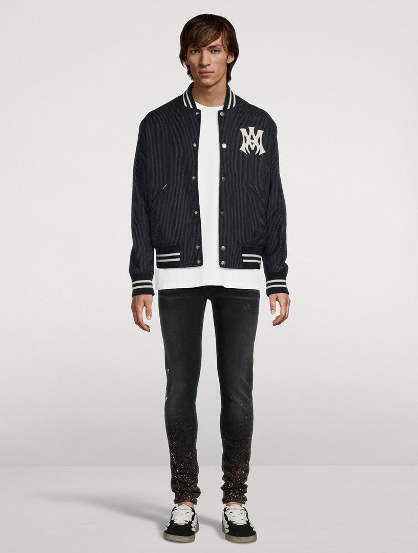 o1s1wg110326 MA Hollywood Pinstripe Bomber Jacket in Black