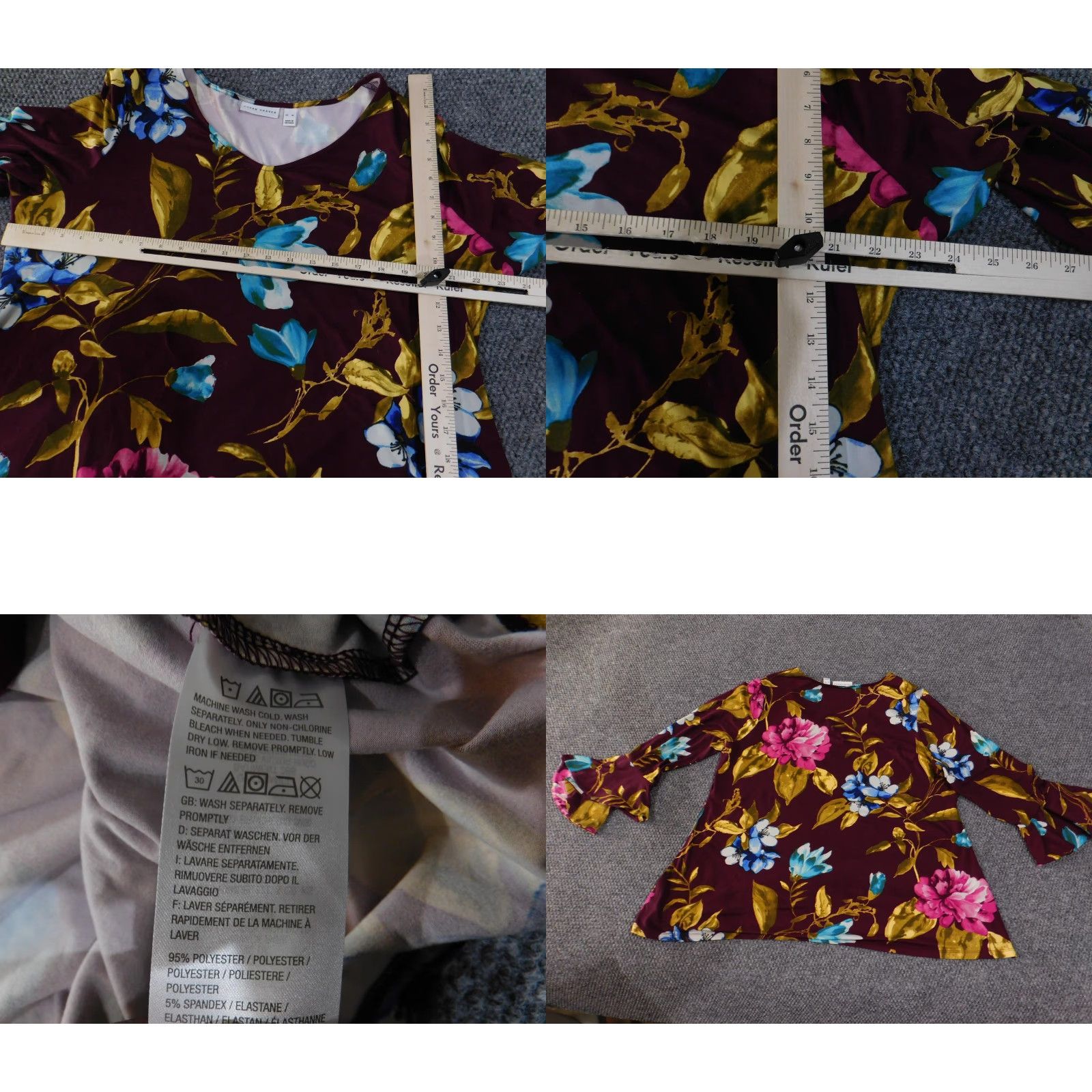 Vintage Susan Graver Shirt Womens XL Burgundy Floral Bell Sleeve Stretch Top Blouse Boho Size XL / US 12-14 / IT 48-50 - 8 Thumbnail
