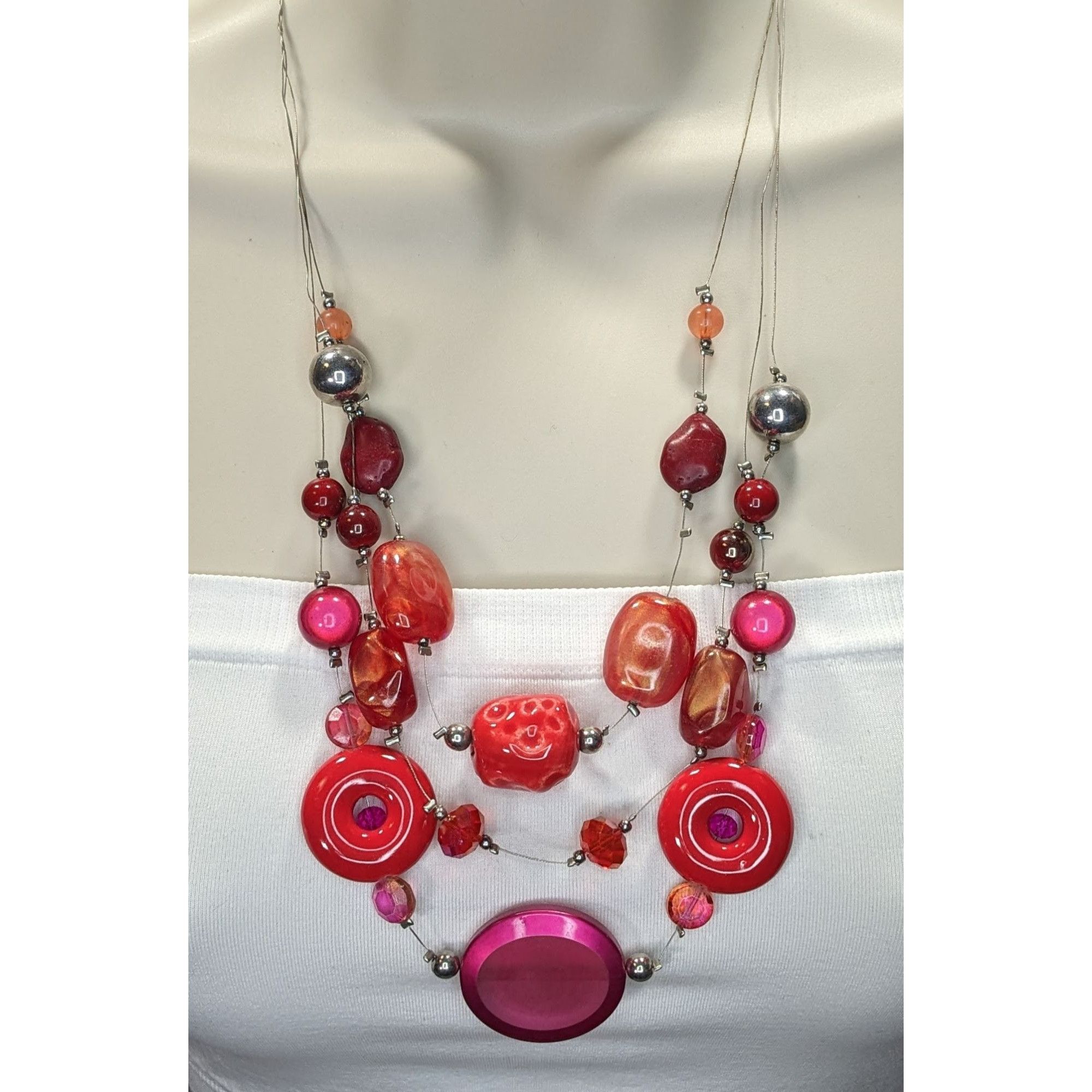 Other Funky Layered Red & Pink Beaded Statement Necklace Size ONE SIZE - 4 Thumbnail