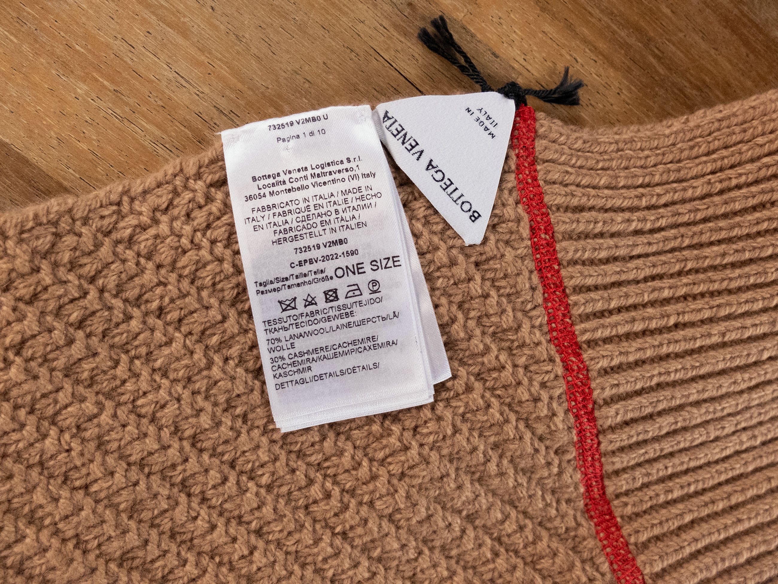 BOTTEGA VENETA camel brown wool cashmere scarf with pocket