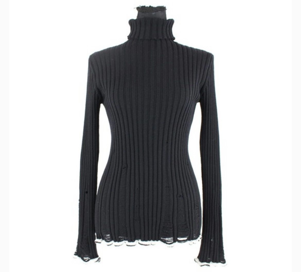 image of Jean Paul Gaultier Black Distressed Wool Turtleneck Sweater, Women's (Size Small)