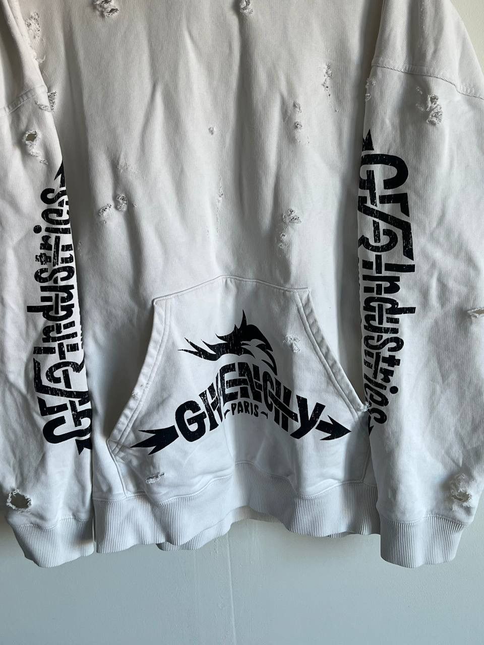 Designer × Givenchy Givenchy GV3 Industries Logo Print Ivory Distressed Hoodie Size US XL / EU 56 / 4 - 2 Thumbnail