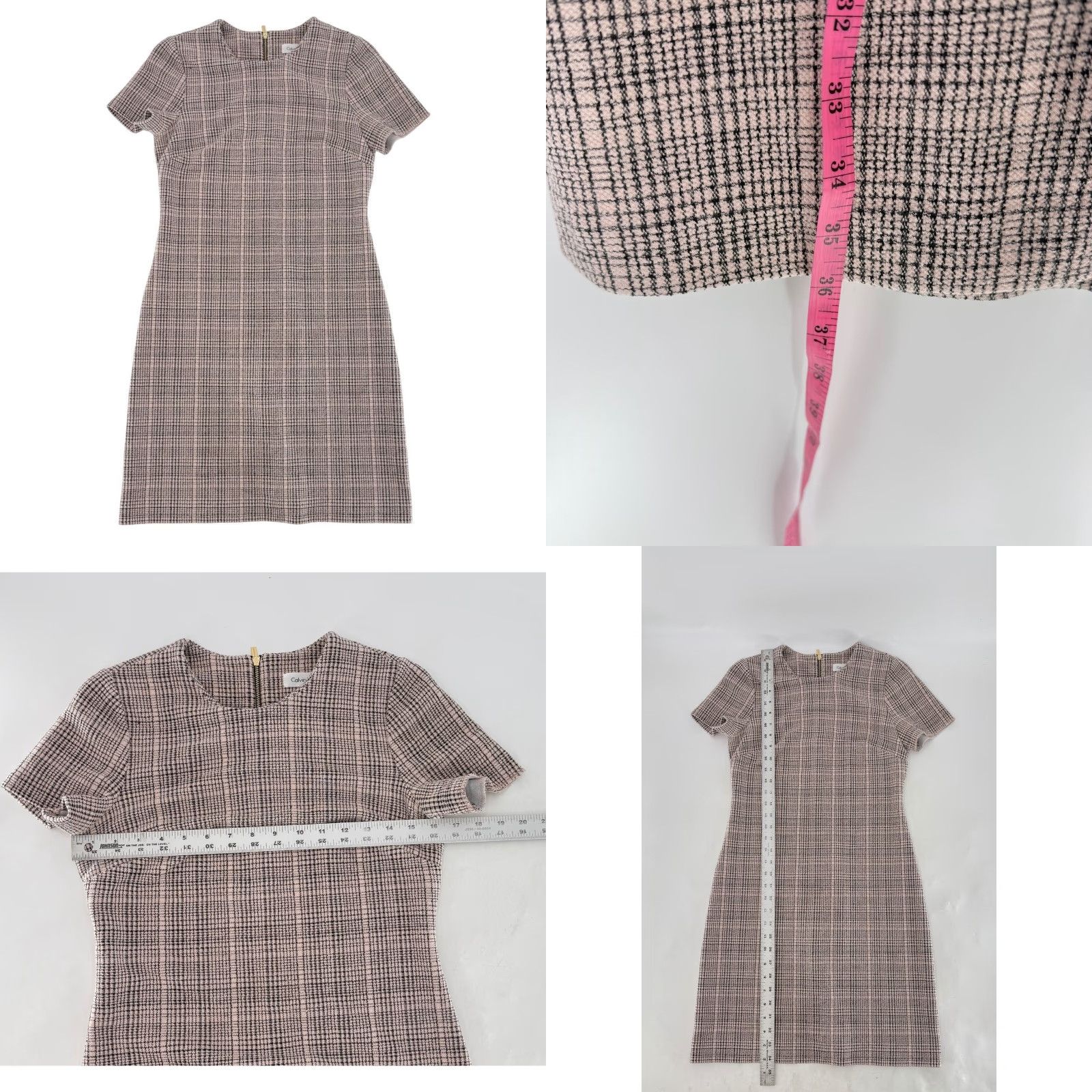 Calvin Klein Calvin Klein Womens Pink Black Plaid Short Sleeve Sheath Dress Size 2 Zipback Back Zipper, Knee Length, Business, Workwear Size 26" / US 2 / IT 38 - 8 Thumbnail
