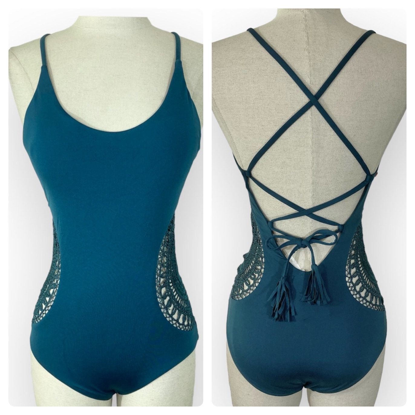 Red Carter Teal crochet one piece swimsuit NEW Red Carter bathing suit Size ONE SIZE - 2 Thumbnail