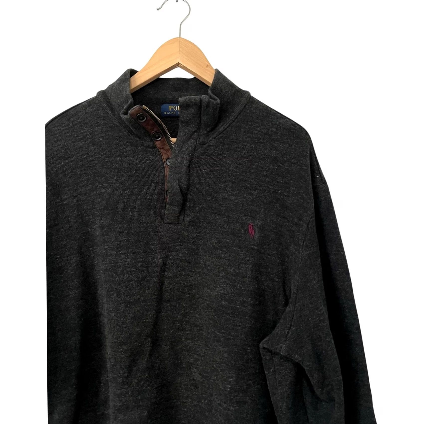 Polo Ralph Lauren Polo Ralph Lauren Men’s XL 1/4 Zip Pullover Leather & Buttons 100% Cotton Gray Knit Sweater Mock Neck Mens Size US XL / EU 56 / 4 - 3 Thumbnail