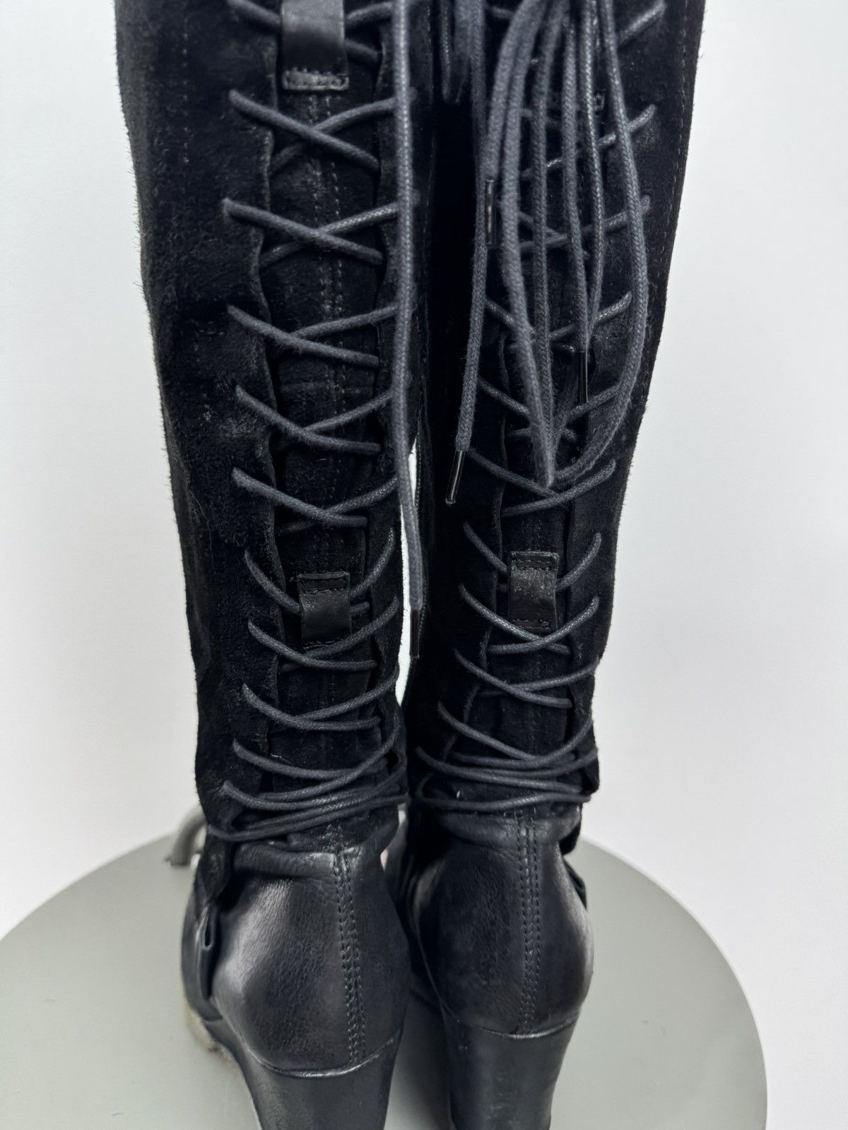 Other Vintage Black Wedge Knee High Boots Back Lace Up Suede EU 38 Size US 7 / IT 37 - 11 Thumbnail