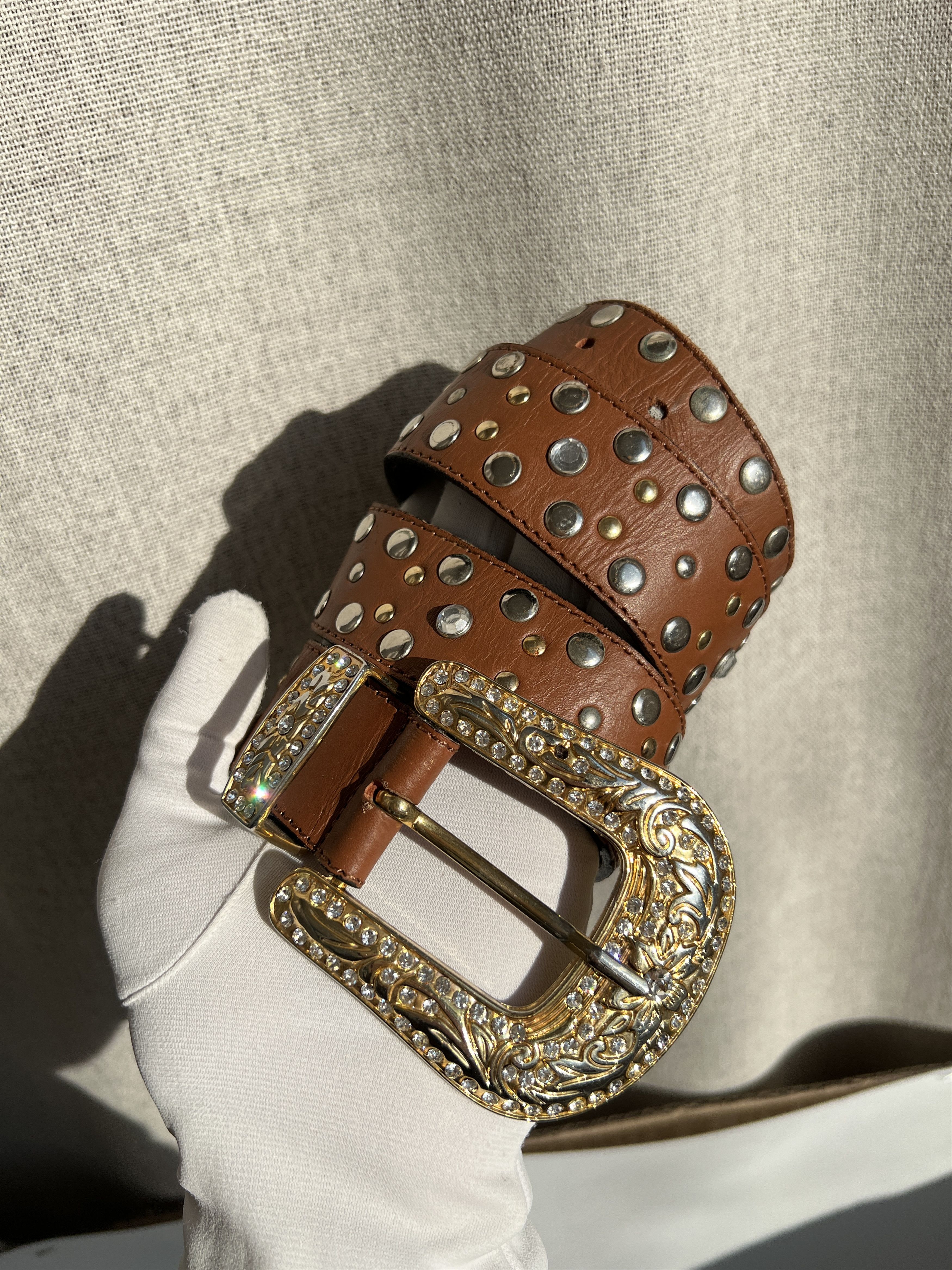 Vintage Y2K Heavy Studded Rhinestones Leather Belt Like BB Simons Size ONE SIZE - 2 Thumbnail