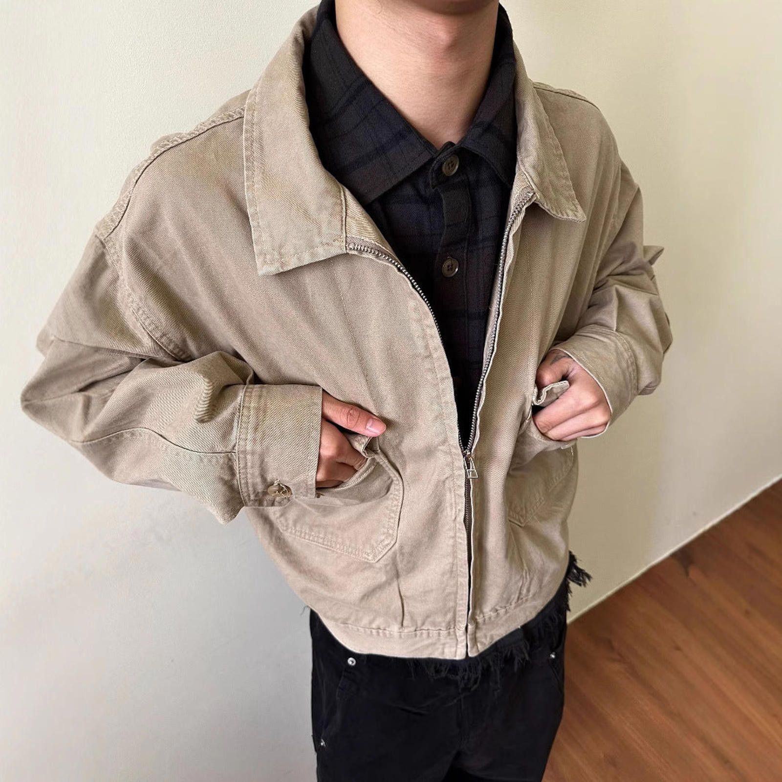 Japanese Brand Beige Casual Zip-Up Light Jacket, Relaxed Fit Outerwear Size US M / EU 48-50 / 2 - 1 Thumbnail