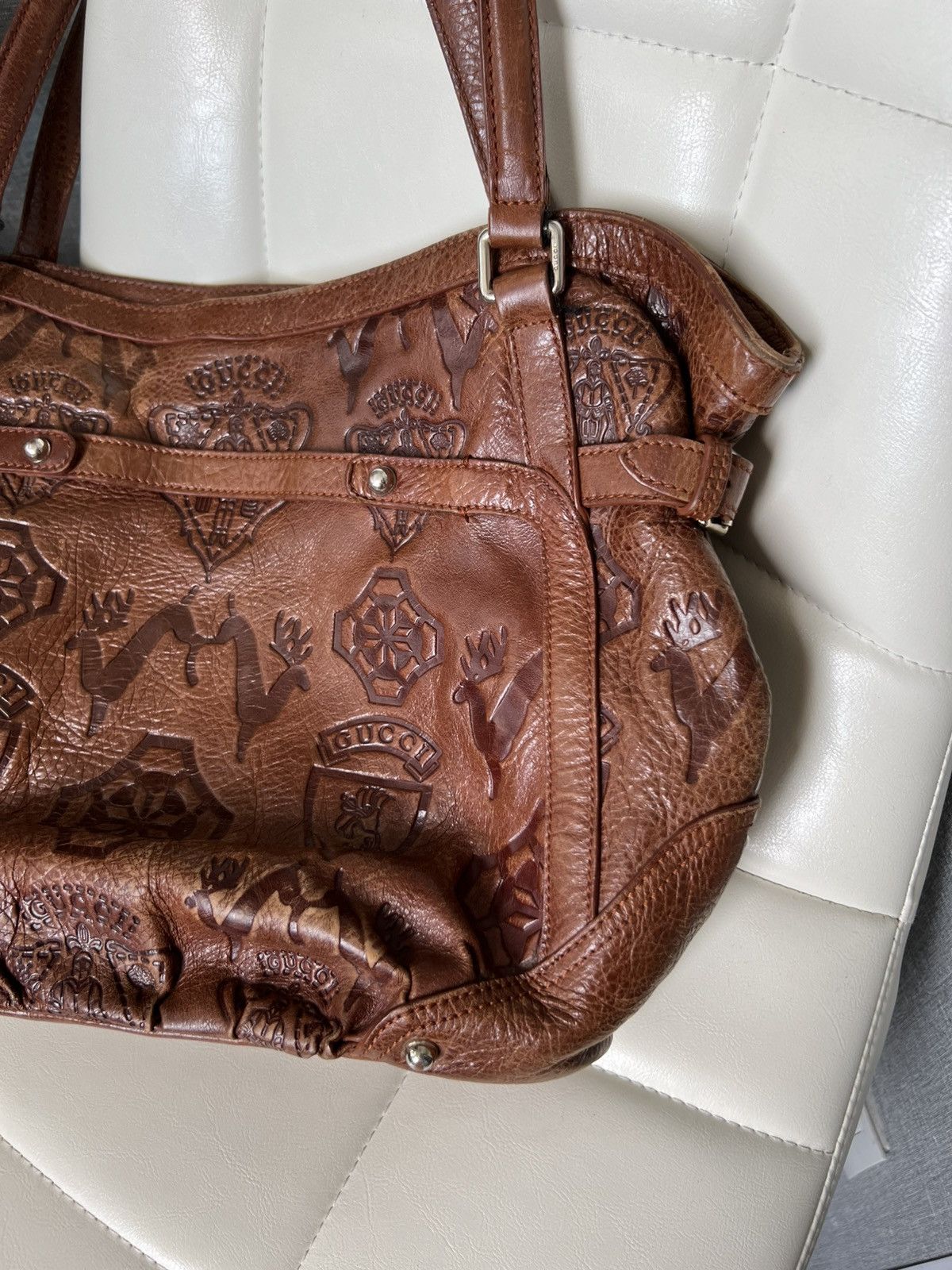 Gucci × Vintage Vintage Gucci Jockey Brown Embossed Leather Horsebit Bag Size ONE SIZE - 7 Thumbnail