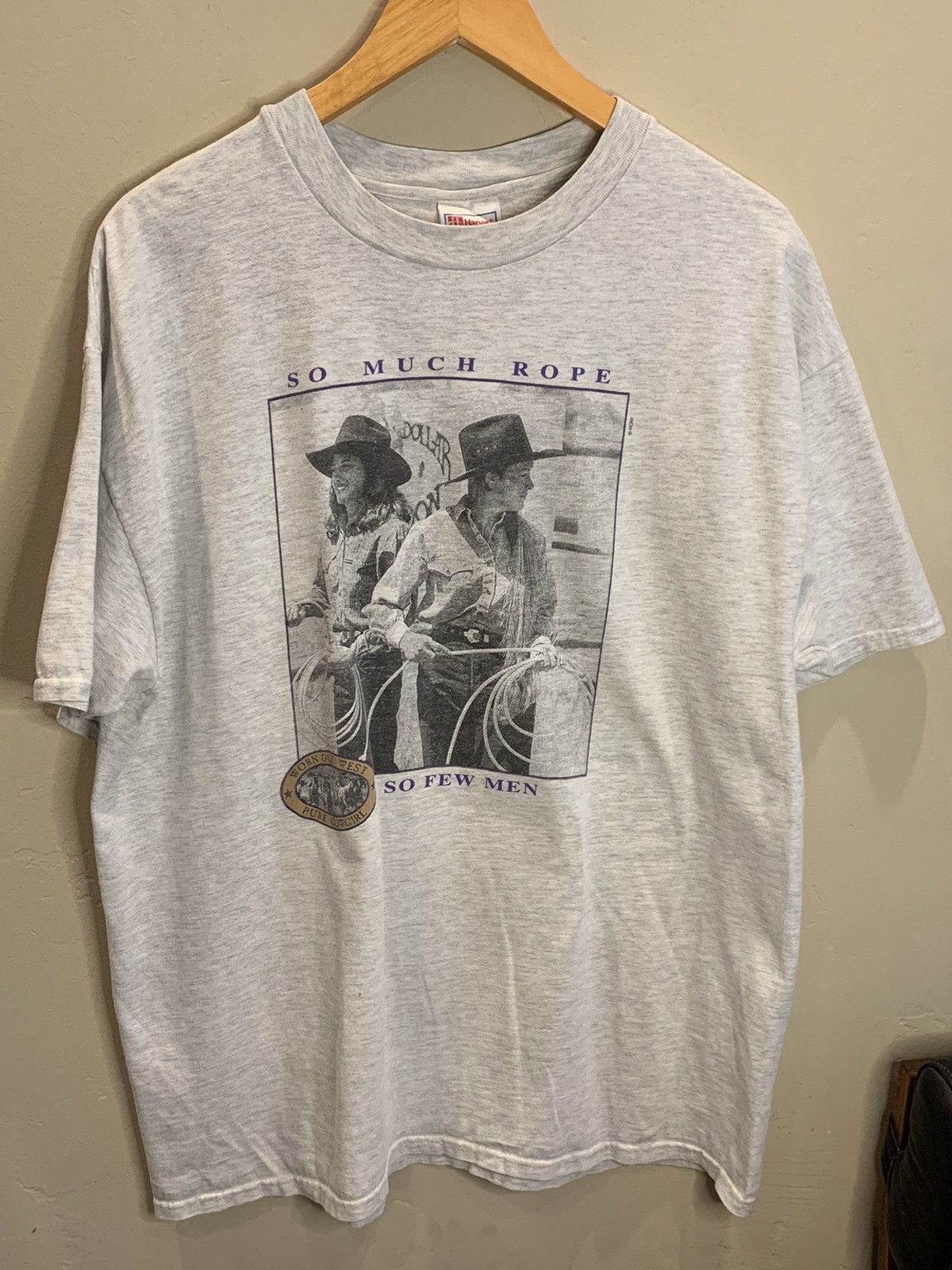 image of Vintage So Much Rope So Few Men Cowgirl Humor T-Shirt in Gray (Size XL)