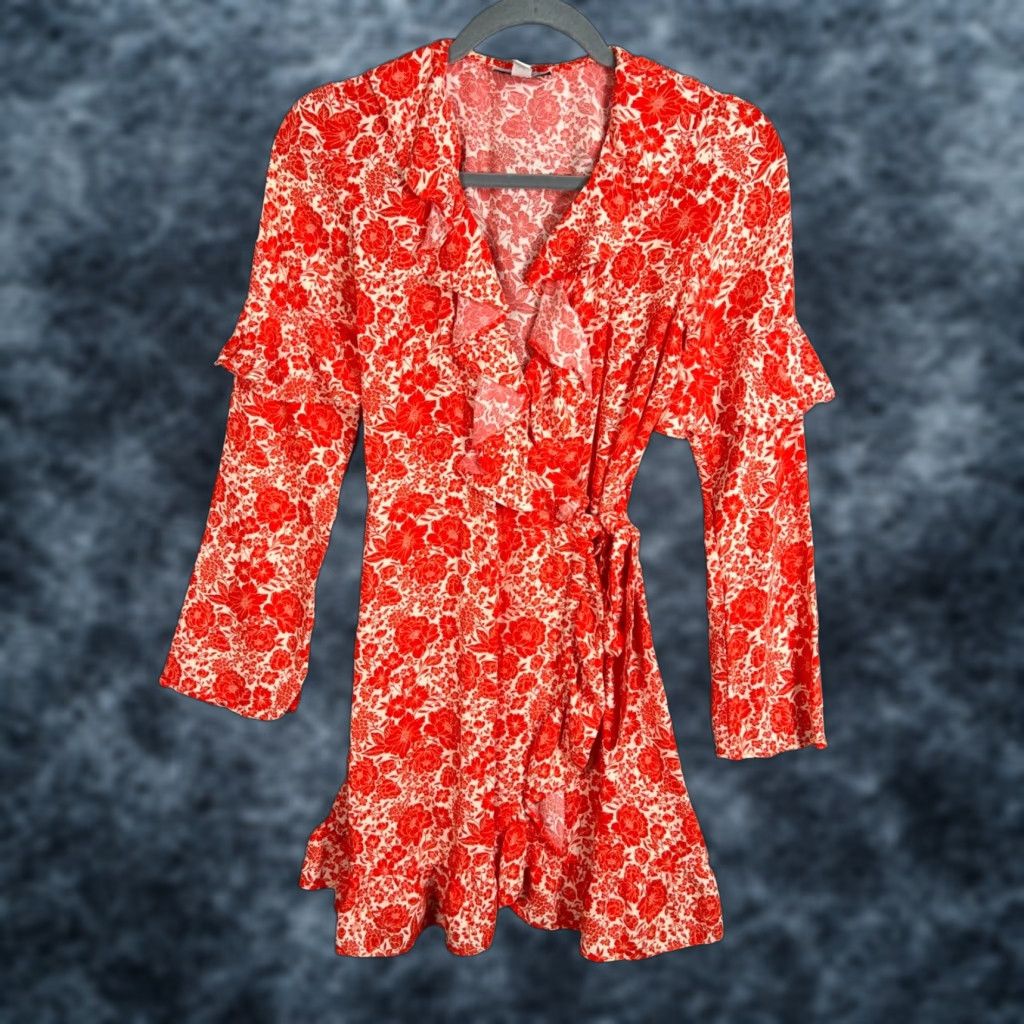 Topshop Topshop Women 4 Red White Floral Wrap Dress Viscose Long Sleeve Ruffle Hem Size S / US 4 / IT 40 - 1 Thumbnail