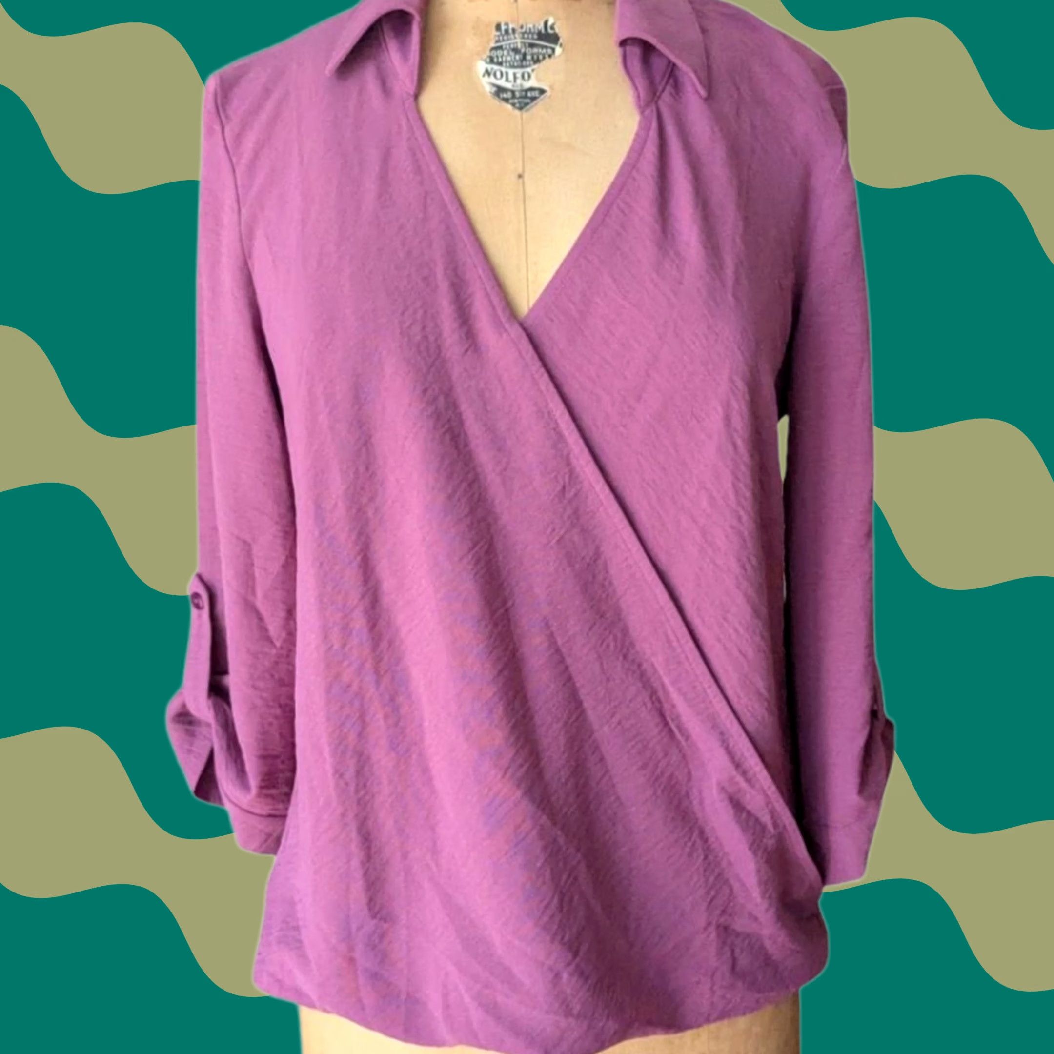 Vintage Fortune & Ivy Blouse Shirt Womens Collared Surplice 3/4 Roll Tab Sleeve Medium Mauve Pink Size M / US 6-8 / IT 42-44 - 1 Thumbnail