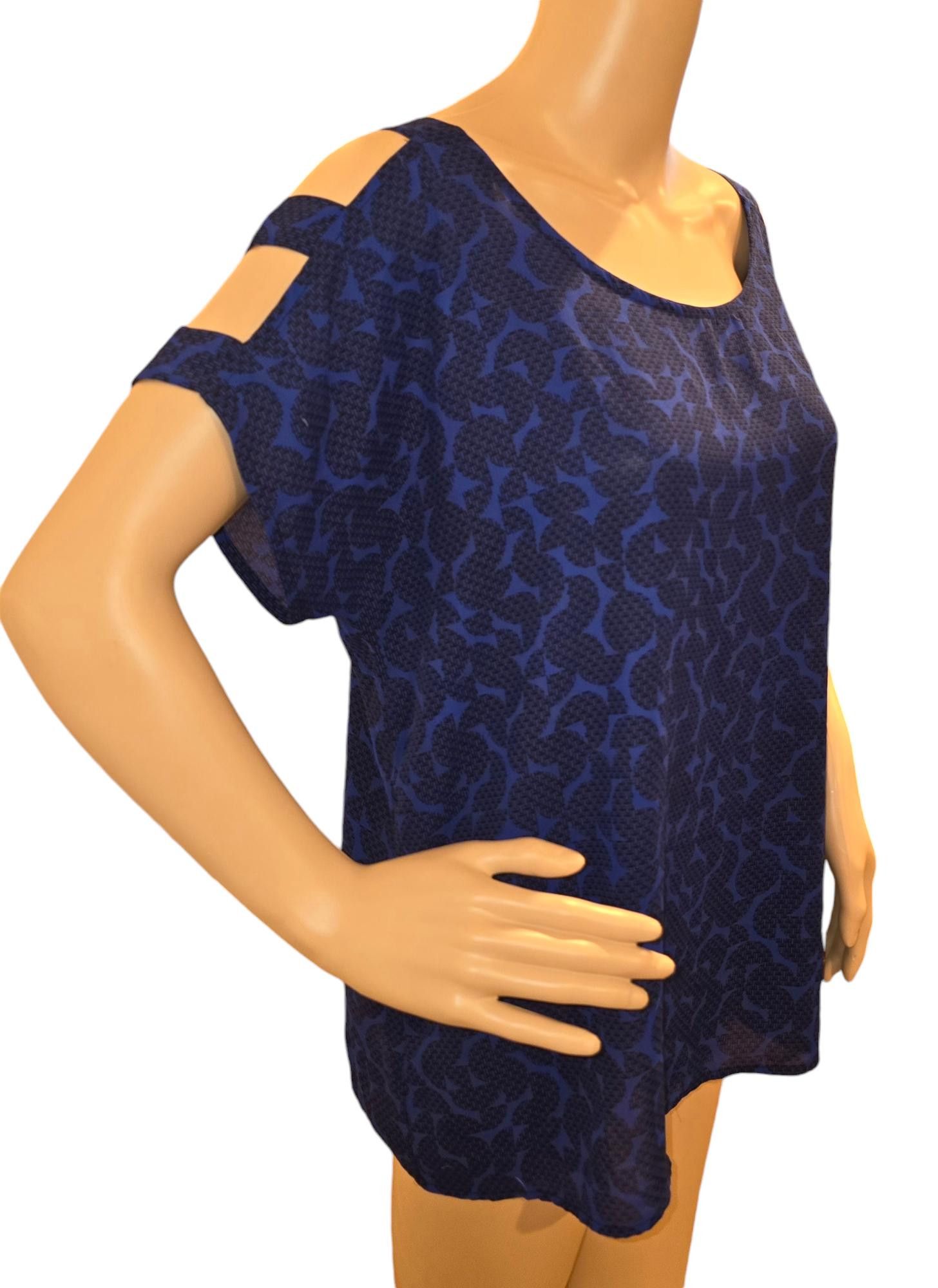 Designer Stylish Blue Patterned Cold Shoulder Top Size L / US 10 / IT 46 - 2 Thumbnail