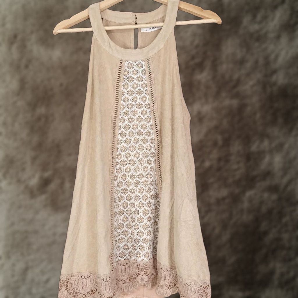 Vintage Maurices Tank Womens 1 Tan Lace Inset Crochet Hem Sleeveless Boho Size XS / US 0-2 / IT 36-38 - 1 Thumbnail