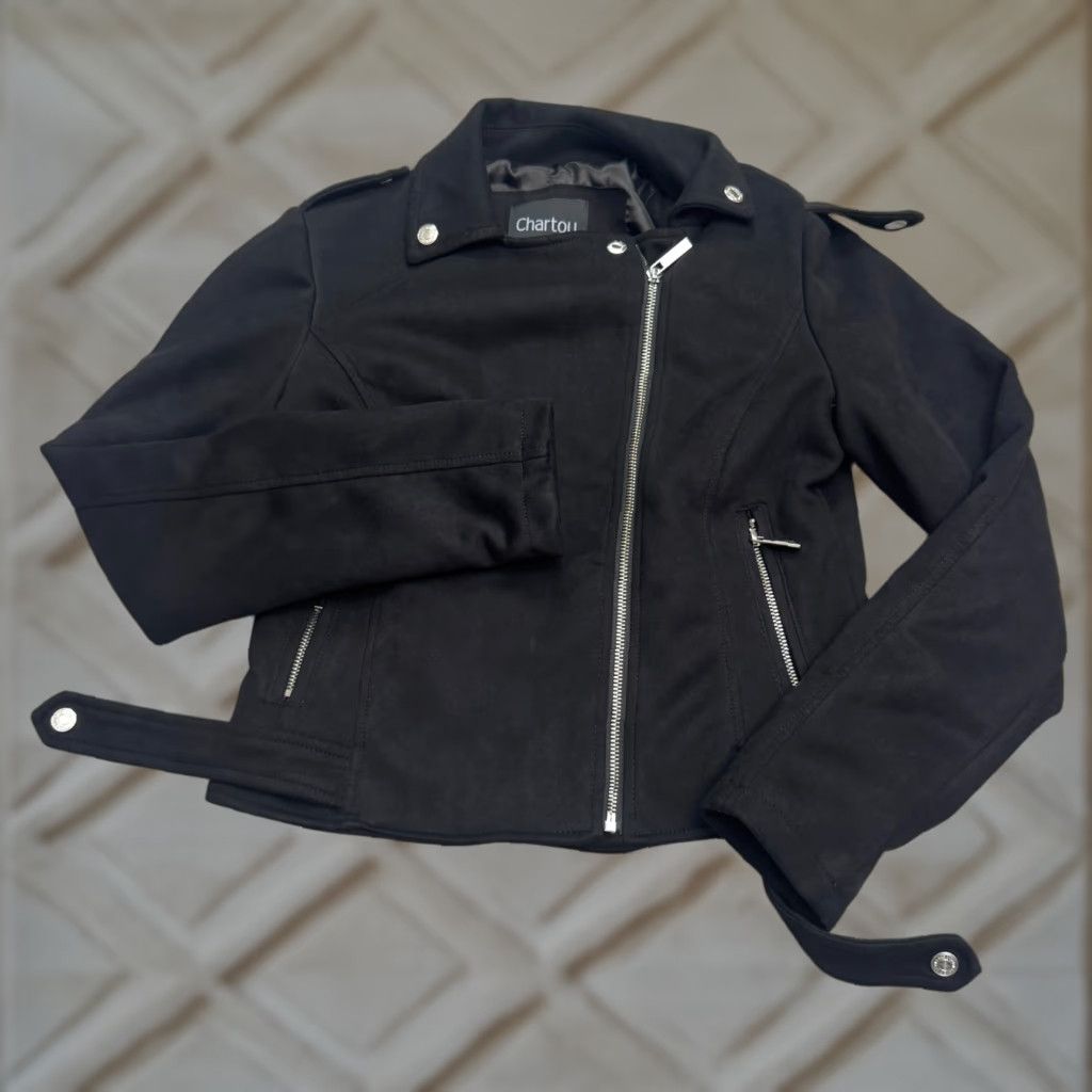 Vintage Chartou Motorcycle Jacket Womens XS Black Faux Suede Zip Biker Moto Coat Size XS / US 0-2 / IT 36-38 - 1 Thumbnail