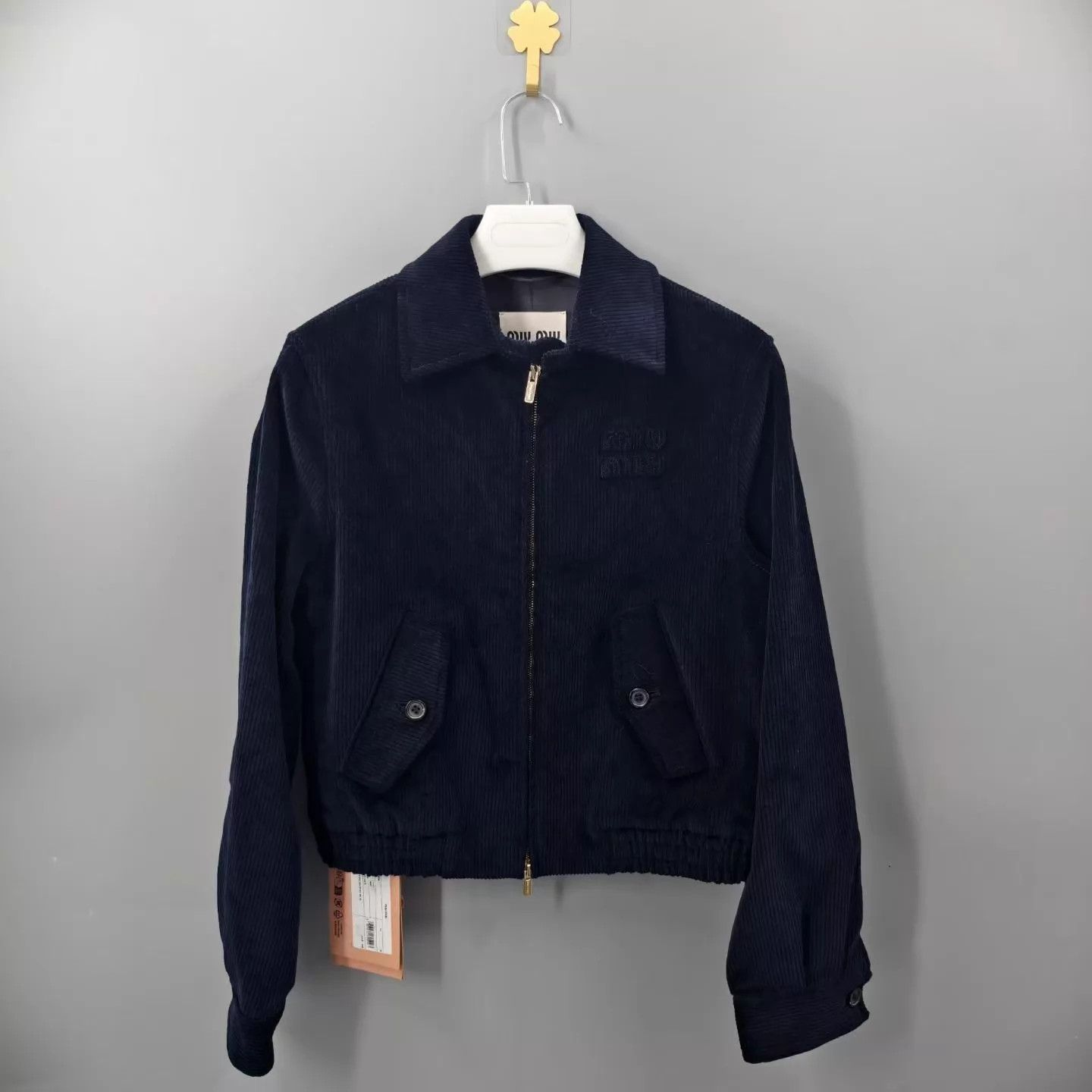 Miu Miu MIU MIU Women's Navy Blue Crystal Logo Flap Pocket Jacket Size XS / US 0-2 / IT 36-38 - 1 Thumbnail