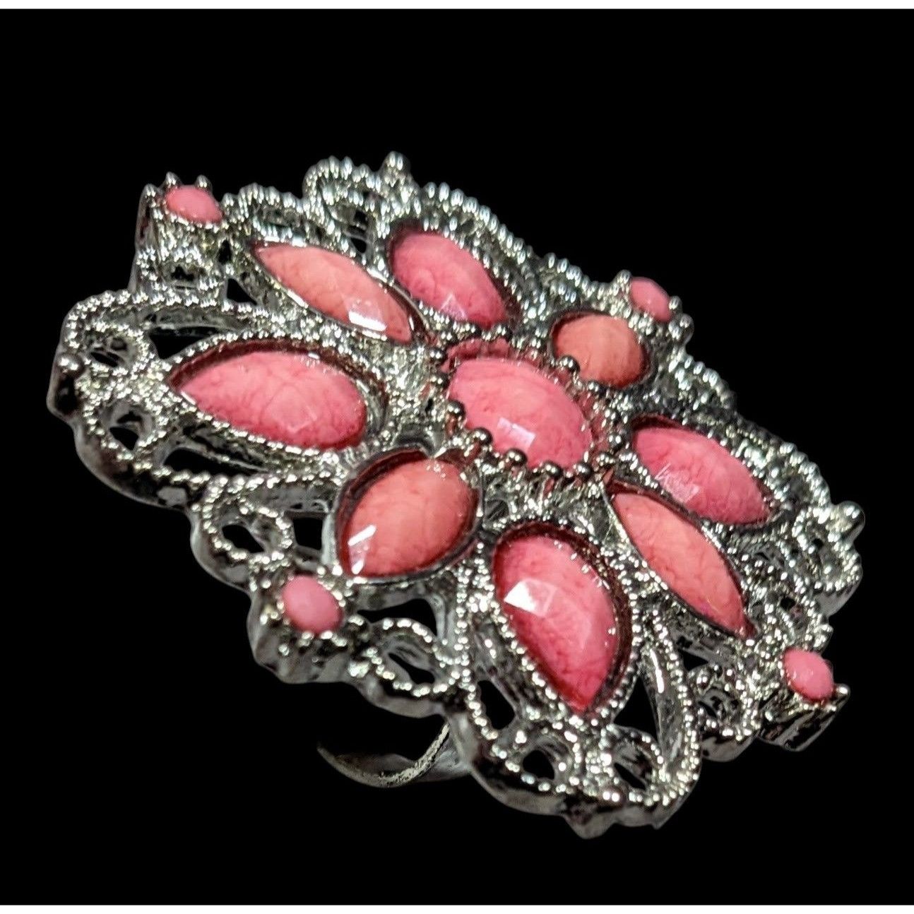 Other Fairycore Floral Ring Silver Tone With Pink Stones Statement Size ONE SIZE - 5 Thumbnail