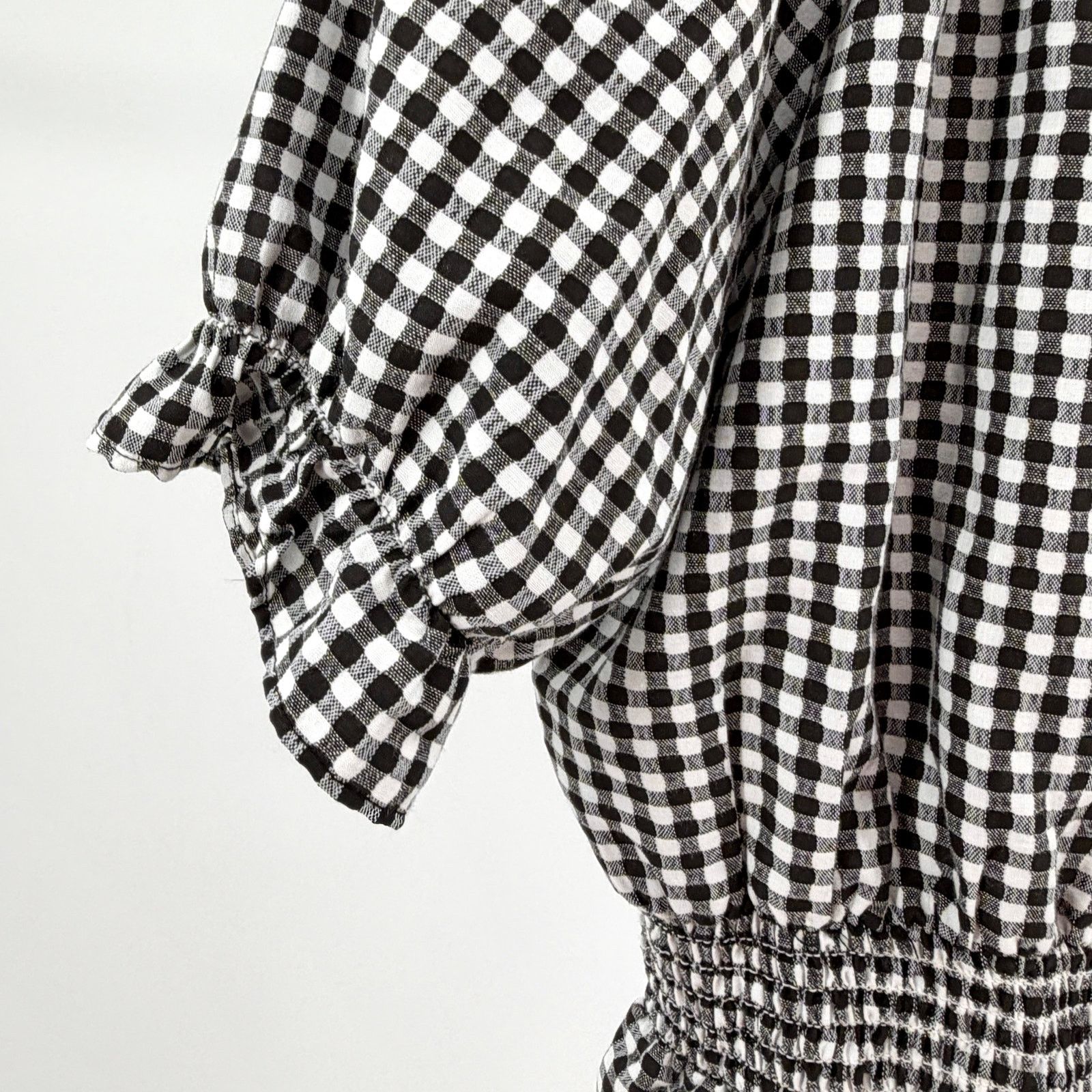 Buffalo David Bitton Black White Gingham Smocked Off-Shoulder Top Size S / US 4 / IT 40 - 3 Thumbnail