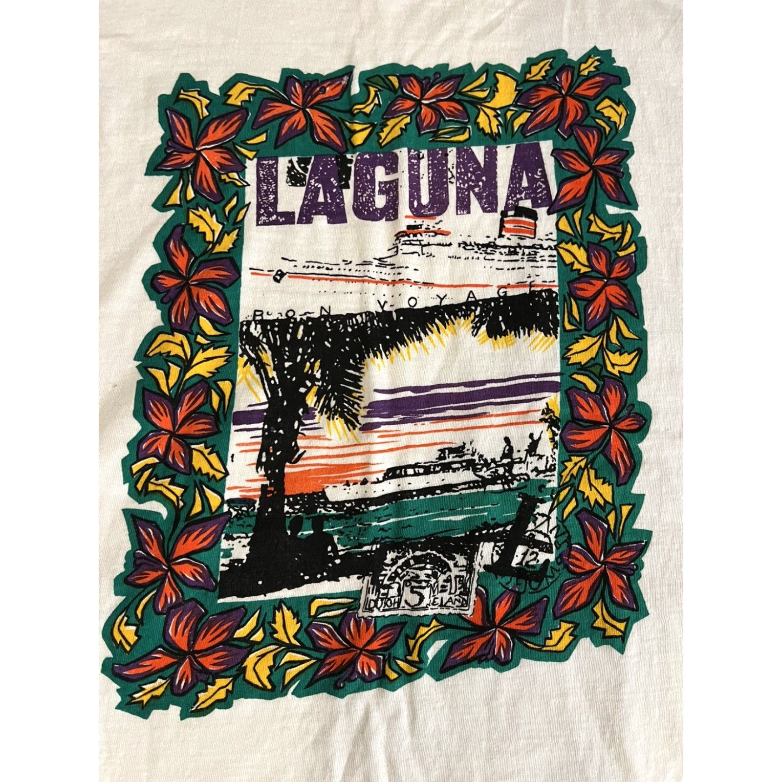 Vintage VINTAGE Laguna T-Shirt Bon Voyage Ship 90s White L Large Flower Cruise Single Stitch Unisex Adults Crew Neck Short Sleeve Cotton Shirt Mens Womens Size US L / EU 52-54 / 3 - 4 Thumbnail