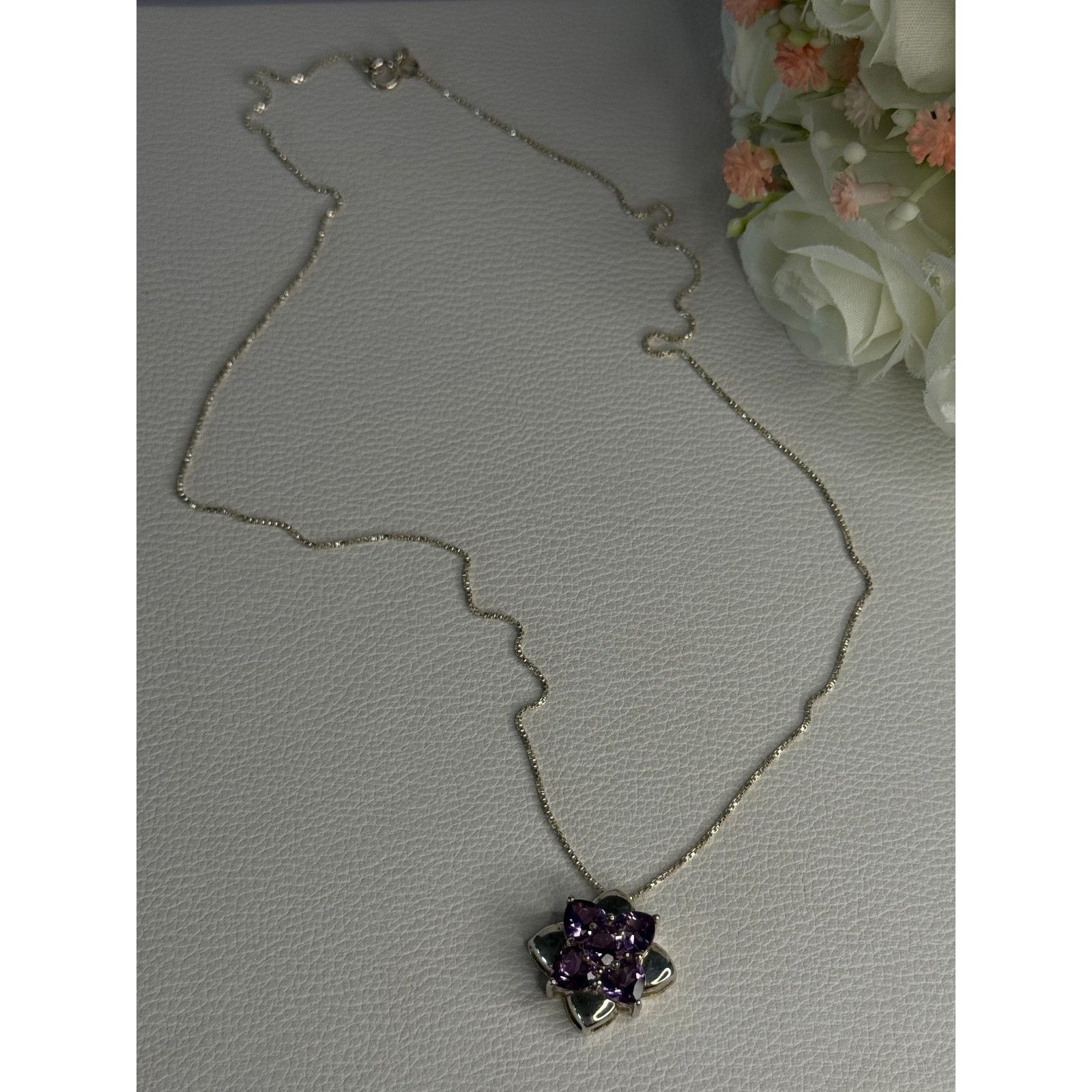 Jewelry 925 STERLING SILVER AMETHYST FLOWER NECKLACE LENGTH 20 INCH Size ONE SIZE - 2 Thumbnail