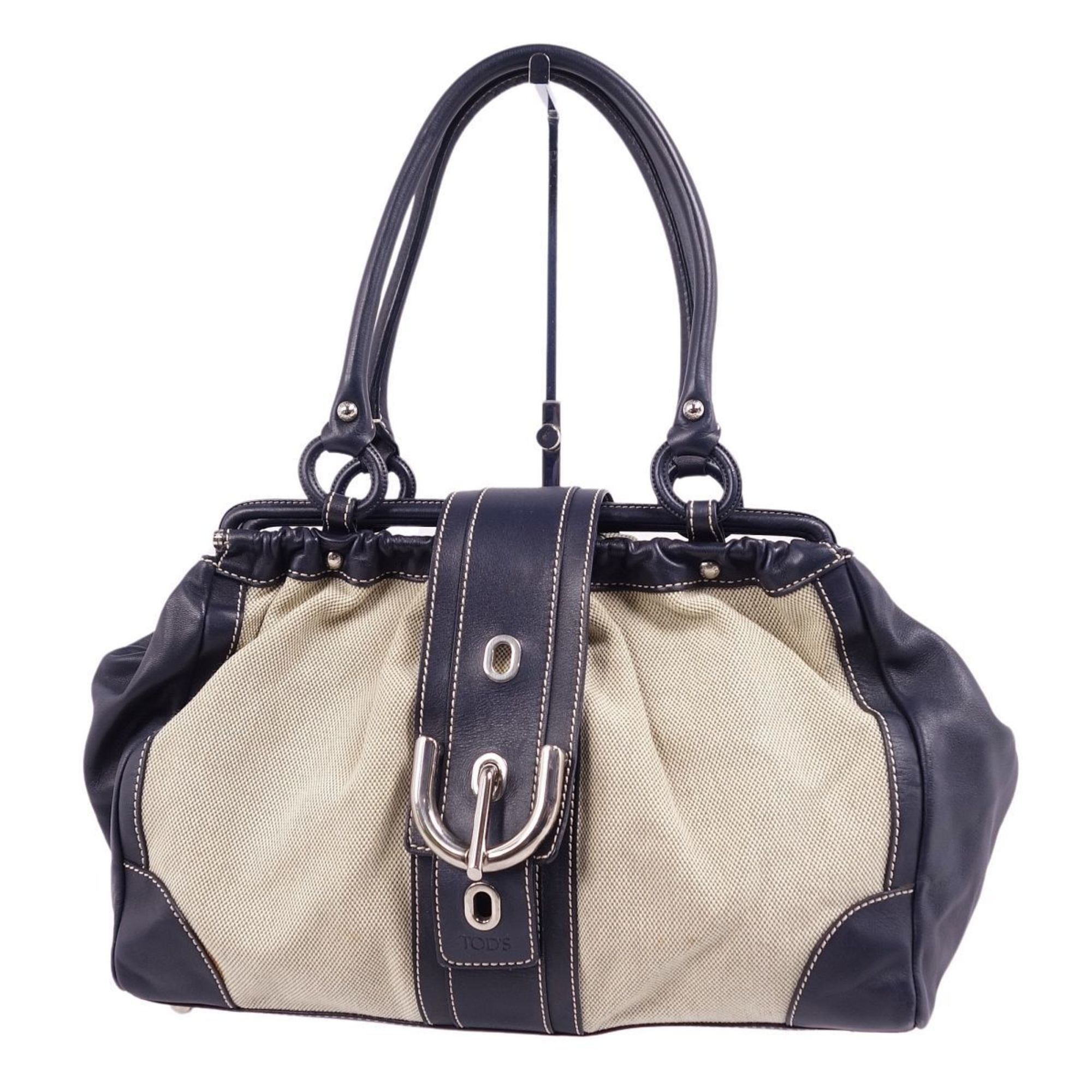 image of Tods Tod's Handbag Tote Bag Canvas Calf Leather Women's Navy