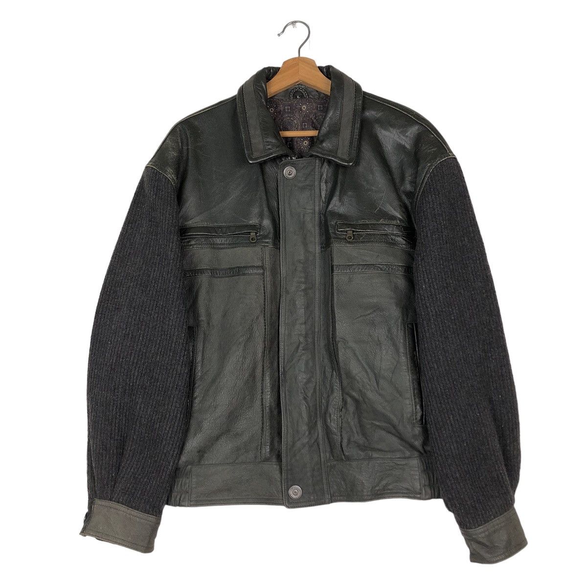 Japanese Brand 🔥Vintage Biker Leather Jacket Japan Made Knit Sleeve Rare Size US L / EU 52-54 / 3 - 1 Thumbnail