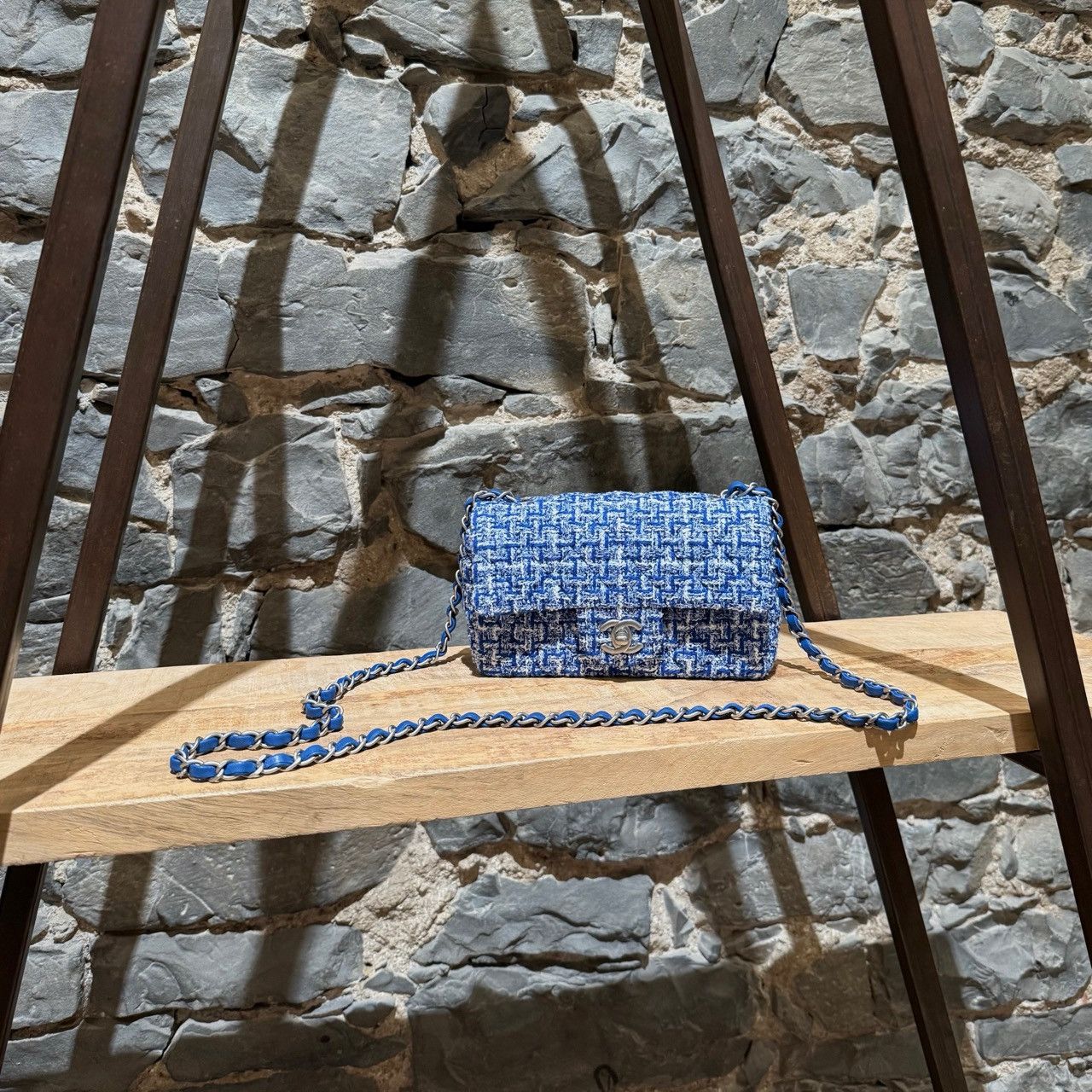 Chanel Ss23 Blue White Tweed Mini Classic Flap Bag, Women's